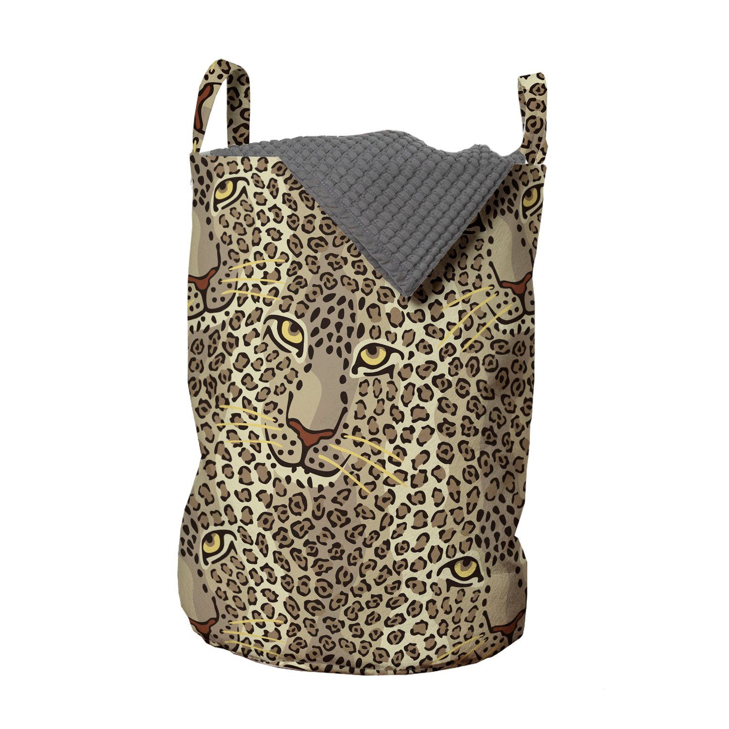 Wäschekorb Kordelzugverschluss Wäschesäckchen große Abakuhaus Waschsalons, wilde mit Leo Katzen-Gesicht Griffen Leopard-Druck für