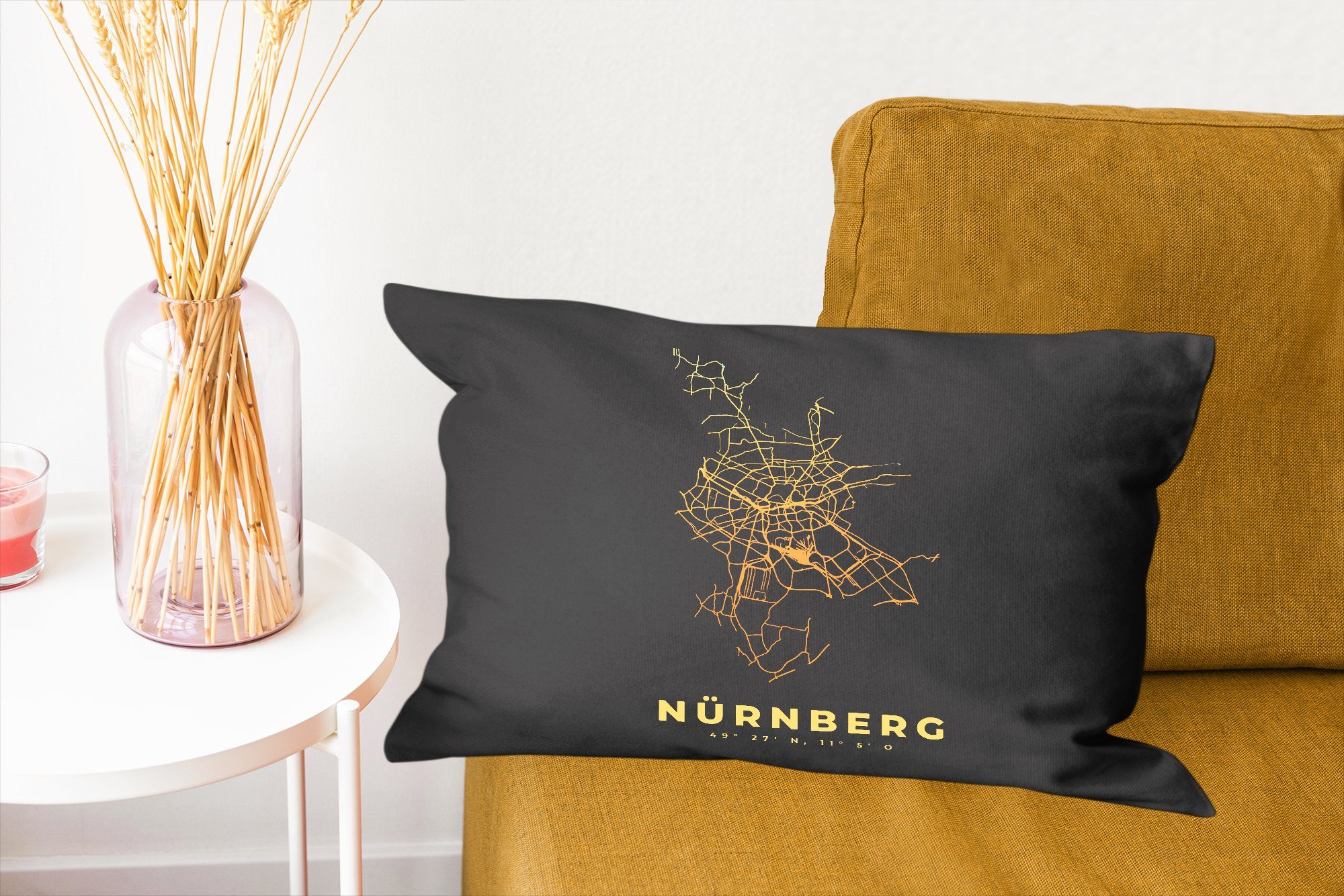 Karte, Stadtplan Schlafzimmer - Dekokissen Nürnberg Dekoration, - mit MuchoWow - Zierkissen, Wohzimmer Gold Füllung, Karte - Dekokissen