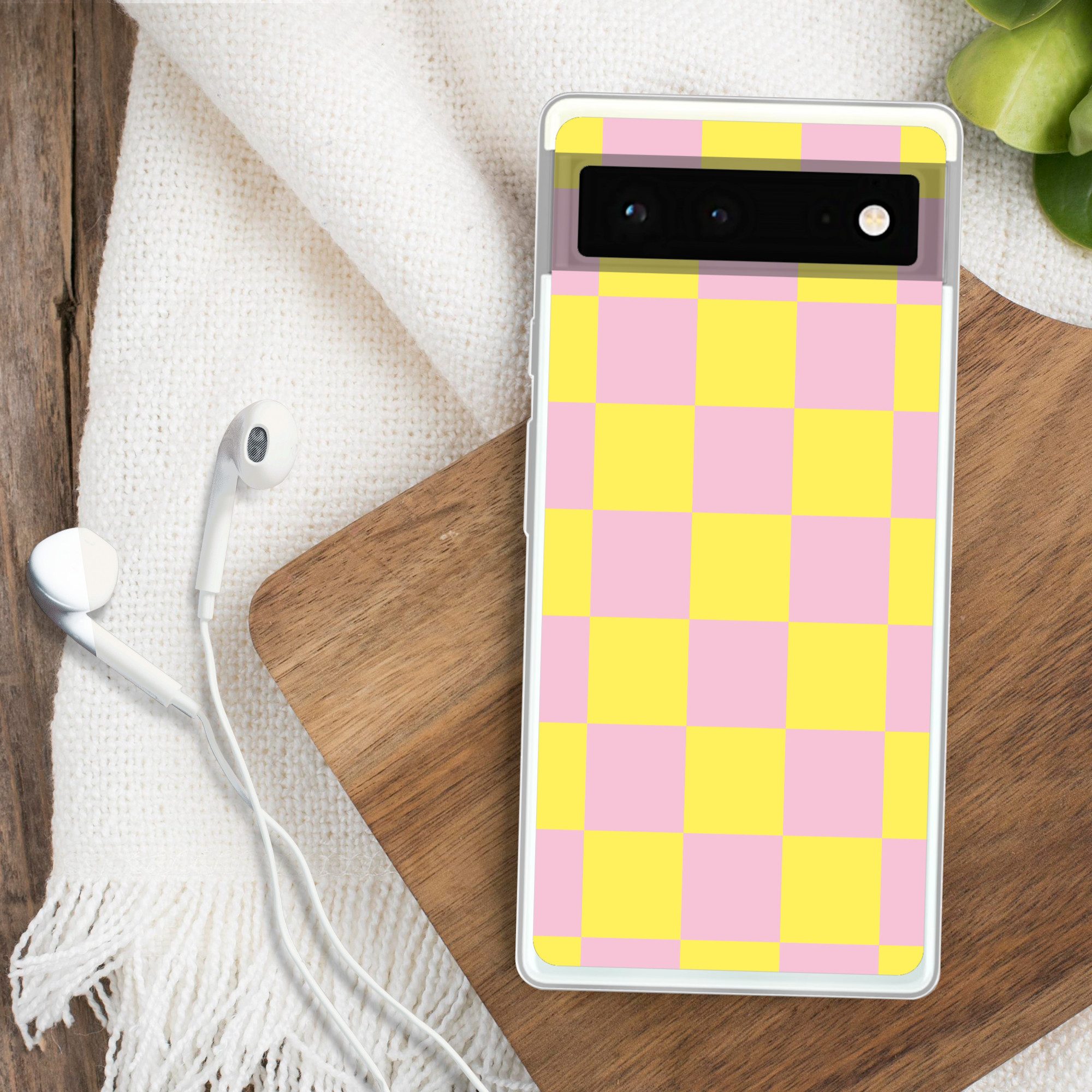 MuchoWow Handyhülle für Google Pixel 6 Schachbrettmuster - Gelb - Rosa - Würfel, Handy Case, Silikon, Bumper Case Dünn