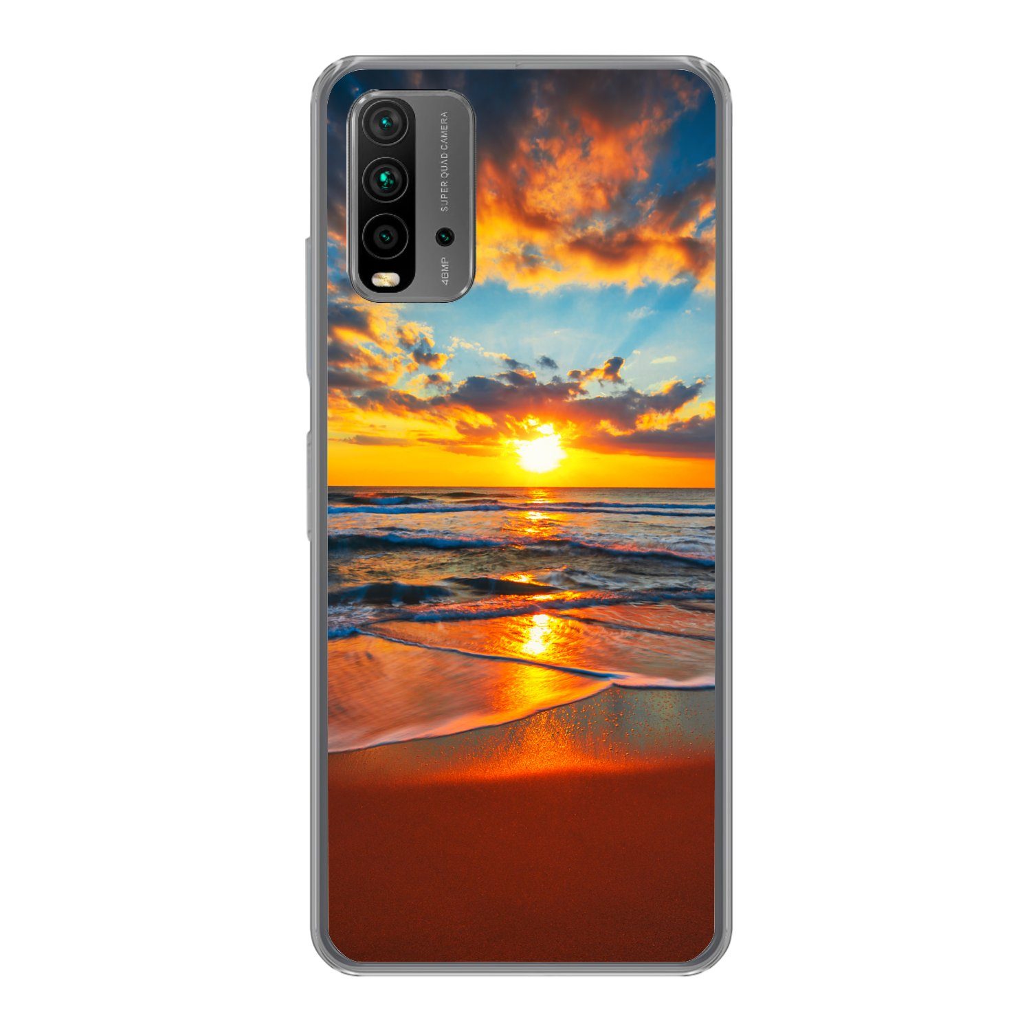 MuchoWow Handyhülle für Xiaomi Redmi 9T Meer - Sonnenuntergang - Strand - Wolken - Orange, Phone Case, Silikon, Schutzhülle Dünn