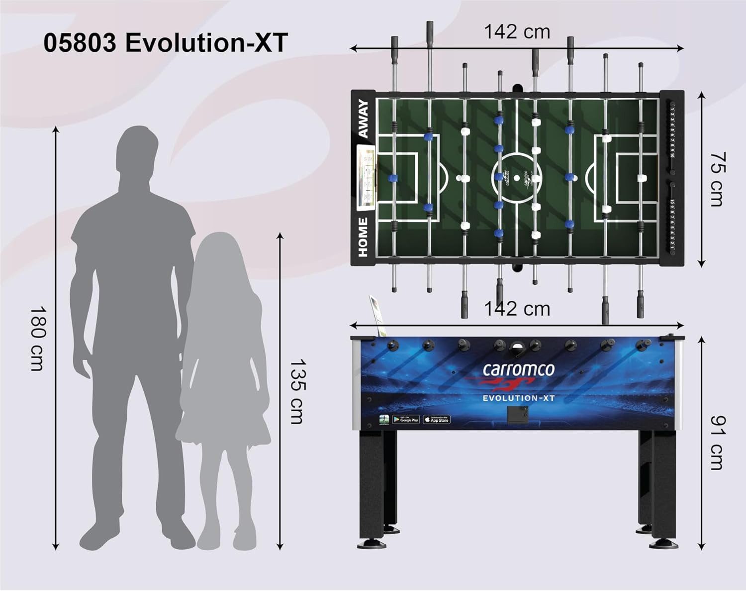 Carromco Kickertisch Evolution-XT – Profi Tischkicker mit interaktiver App & Tablet-Halter, Tischfussball in Blau für fortgeschrittene Spieler
