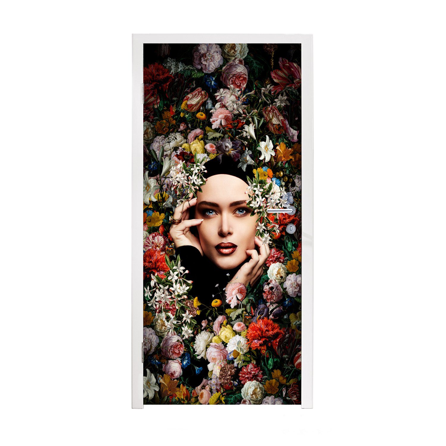 MuchoWow Türtapete Blume - Frauen - Porträt - Botanisch, Matt, bedruckt, (1 St), Fototapete für Tür, Türaufkleber, 75x205 cm
