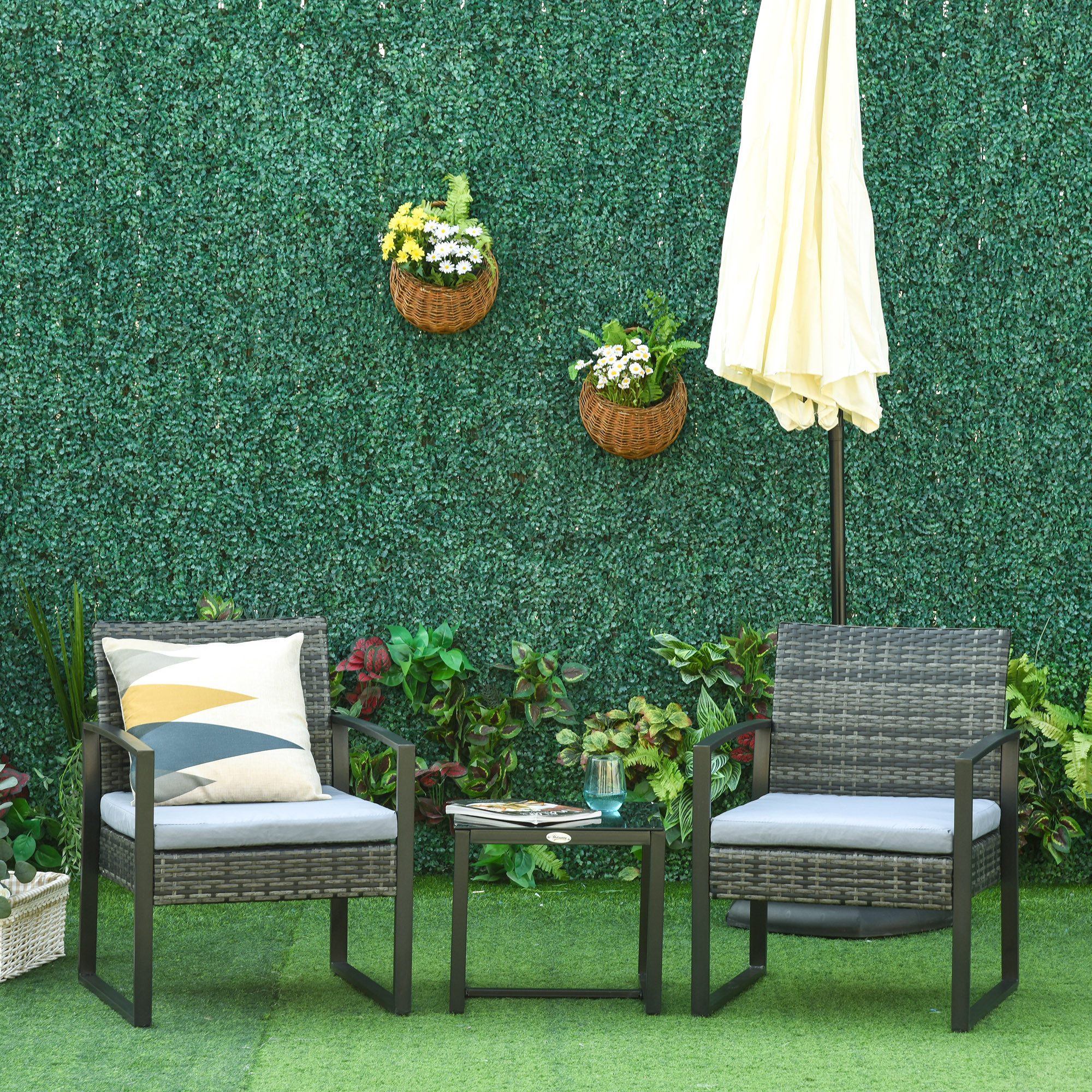 Outsunny Sitzgruppe Polyrattan Gartenmöbel Set, Outdoor Balkonmöbel, wetterfest, Grau, (Balkonmöbel Set, 3-tlg., Rattan Gartenmöbel Set), 2 Stühlen mit 1 Tisch