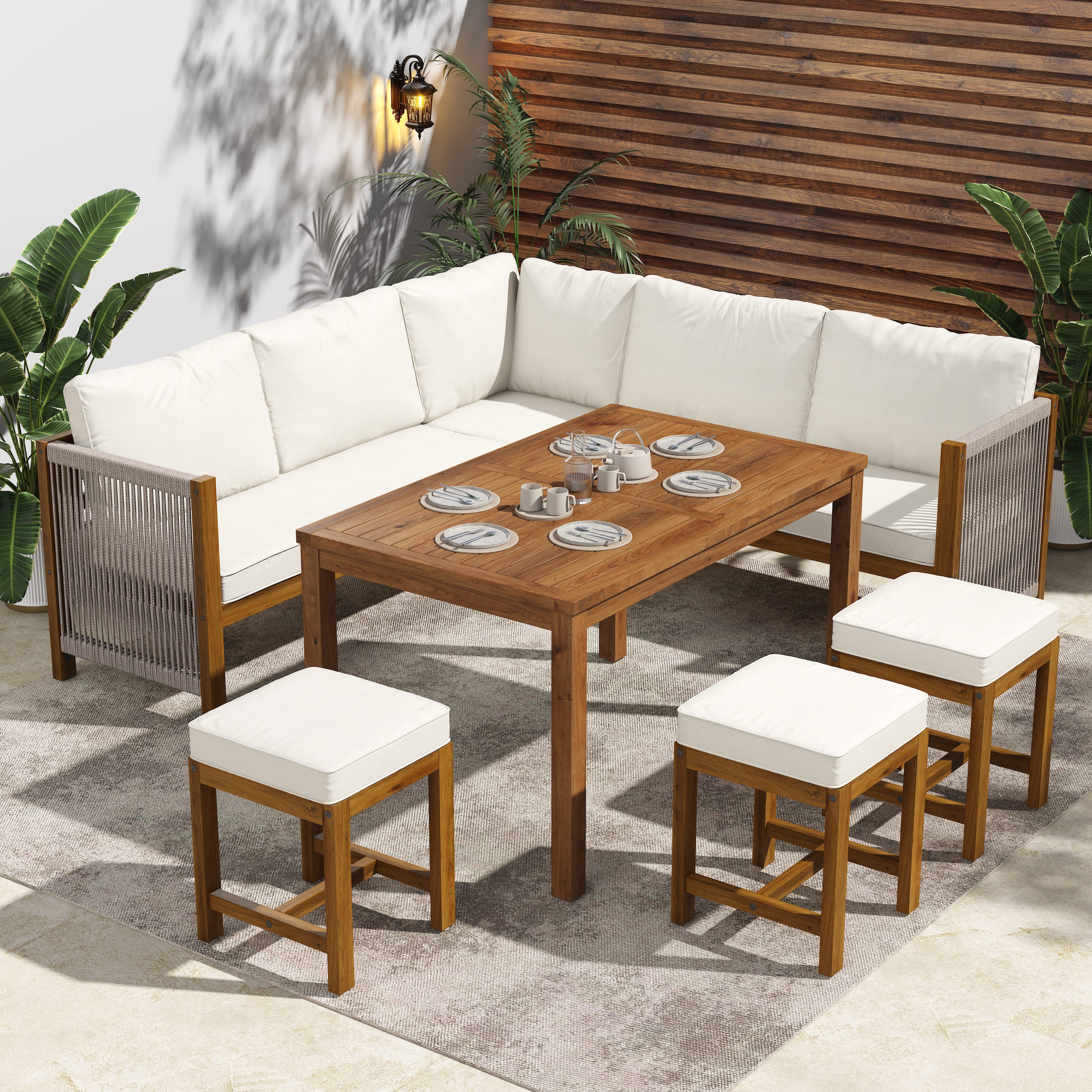 HAUSS SPOLE Gartenlounge-Set mit Seildesign für 7-8 Personen,Garten-Loungegruppe mit Kissen,Beige, (Gartenmöbel Set aus hochdichte Schwamm, aus Akazienholz und der UV-beständige Polyesterstoffbezug), für Garten Balkon Wiese