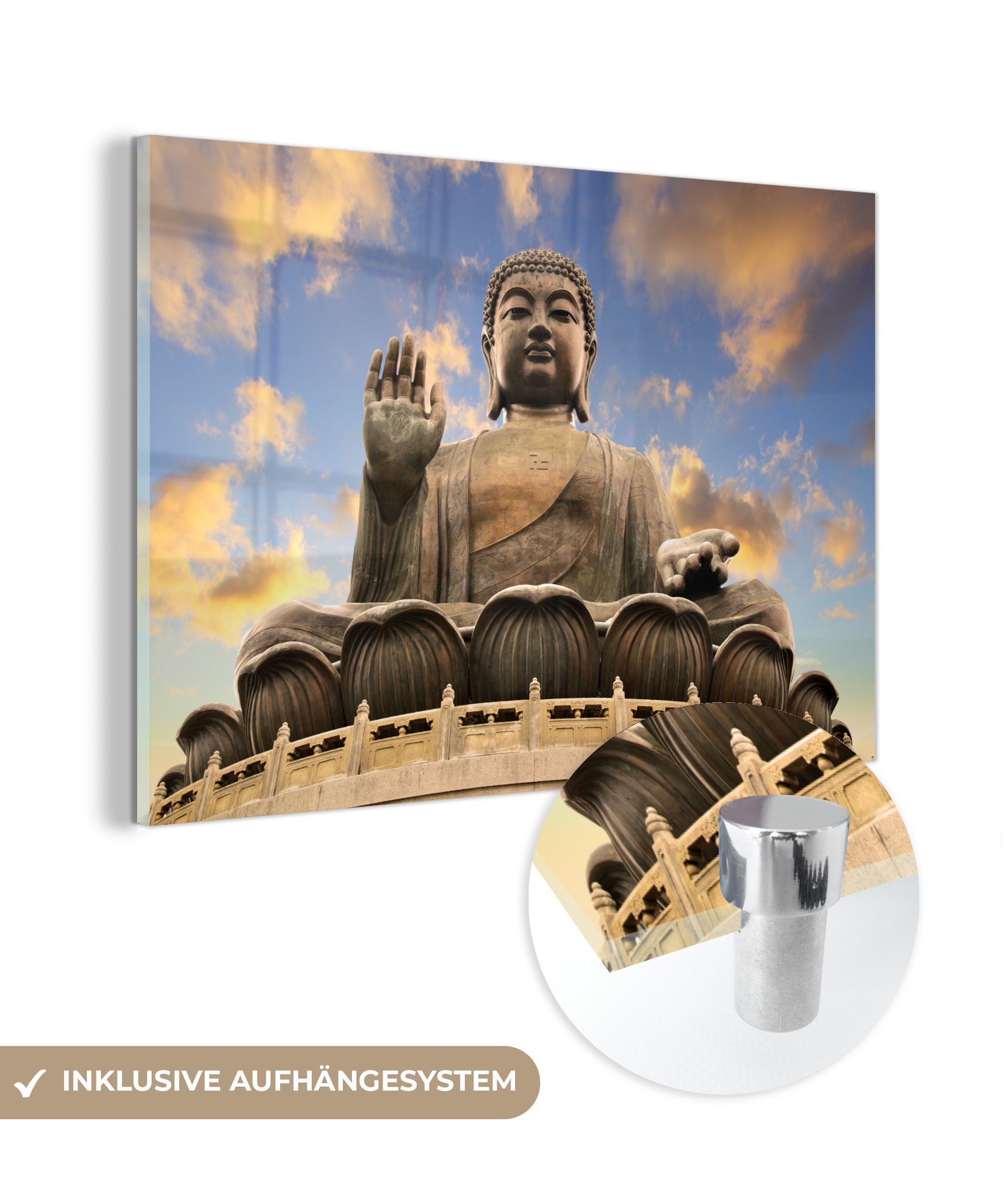 MuchoWow Acrylglasbild Buddha - Stein - Himmel, (1 St), Acrylglasbilder Wohnzimmer & Schlafzimmer