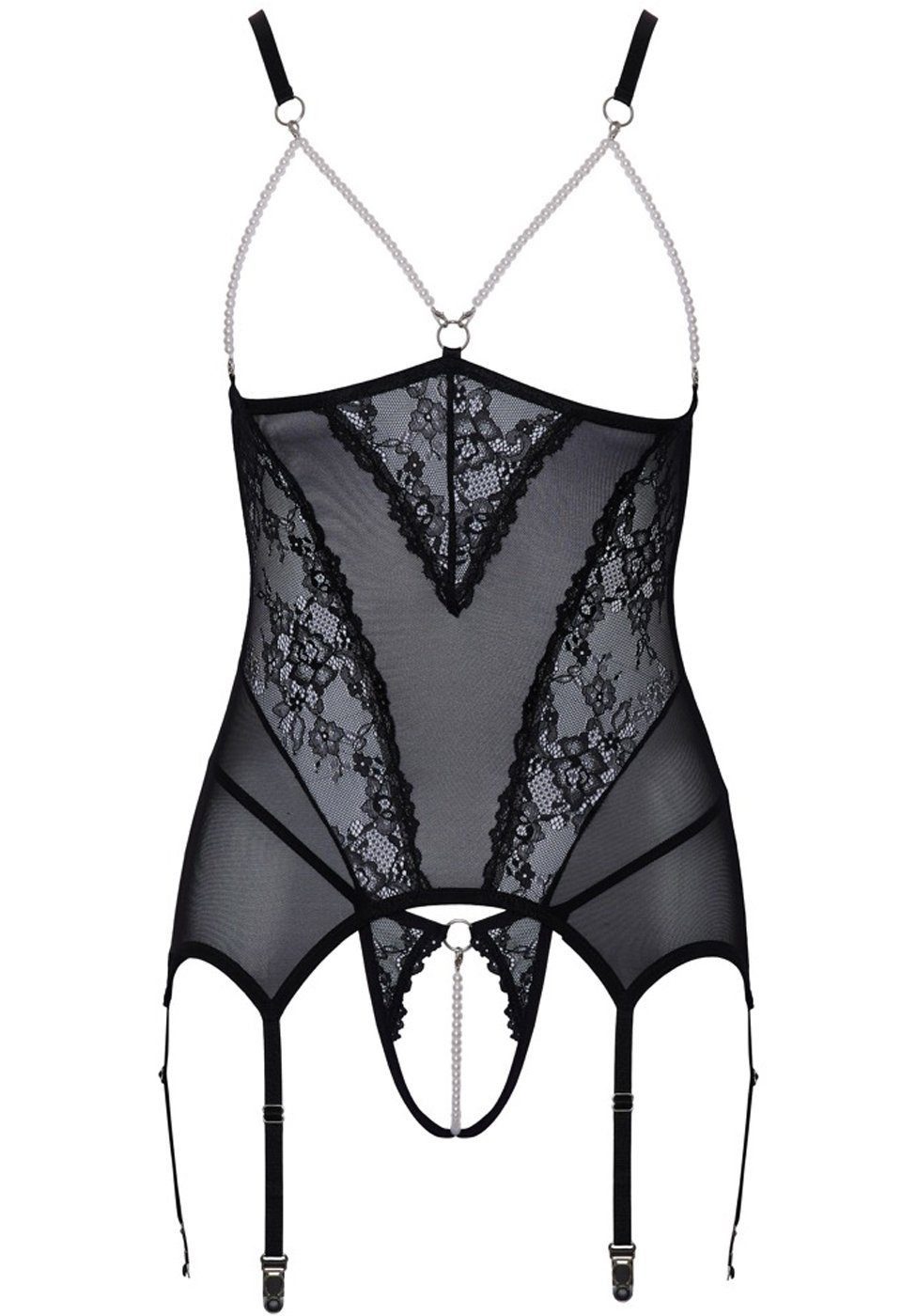 Cottelli Collection Set: Bügelloser BH Busenfreies Strapshemd & ouvert String mit Perlen (2-tlg) mit offenem Schritt und Cups