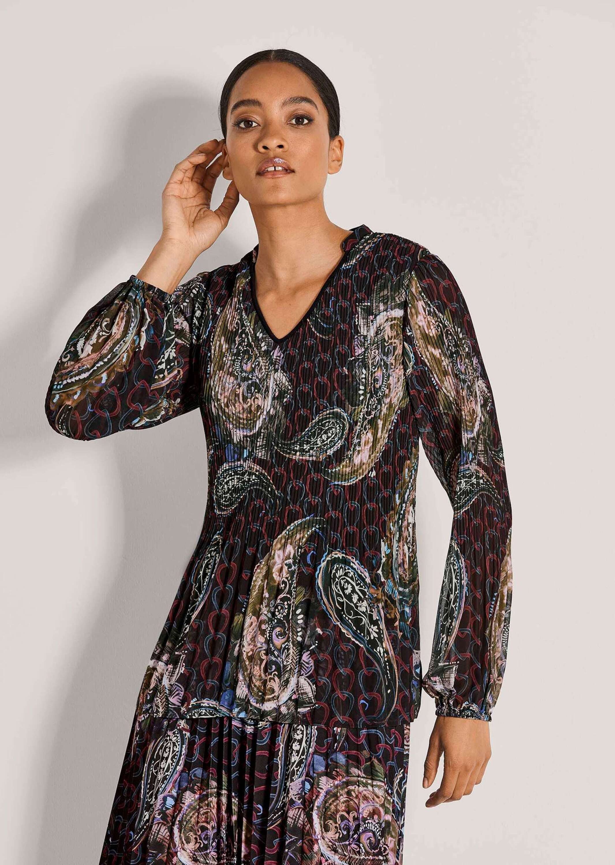 MADELEINE Langarmbluse Elegante Chiffon-Tunika mit V-Ausschnitt Plissierte Tunika mit Paisley-Muster und Halbarm