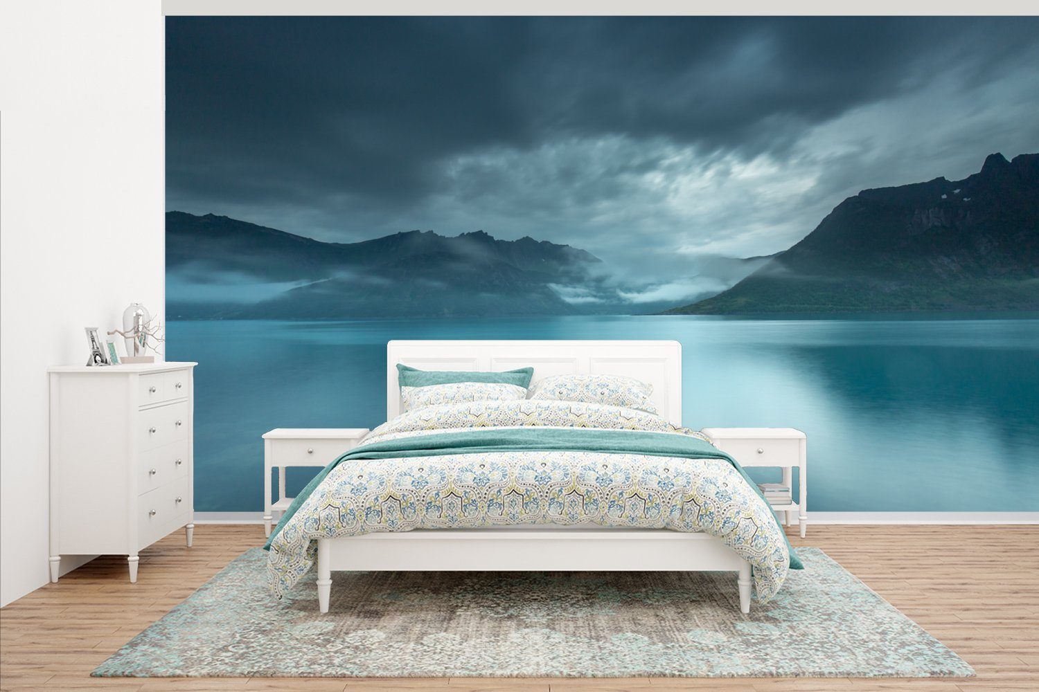 MuchoWow Fototapete Meer - Norwegen - Blau, Matt, bedruckt, (7 St), Vliestapete für Wohnzimmer Schlafzimmer Küche, Fototapete