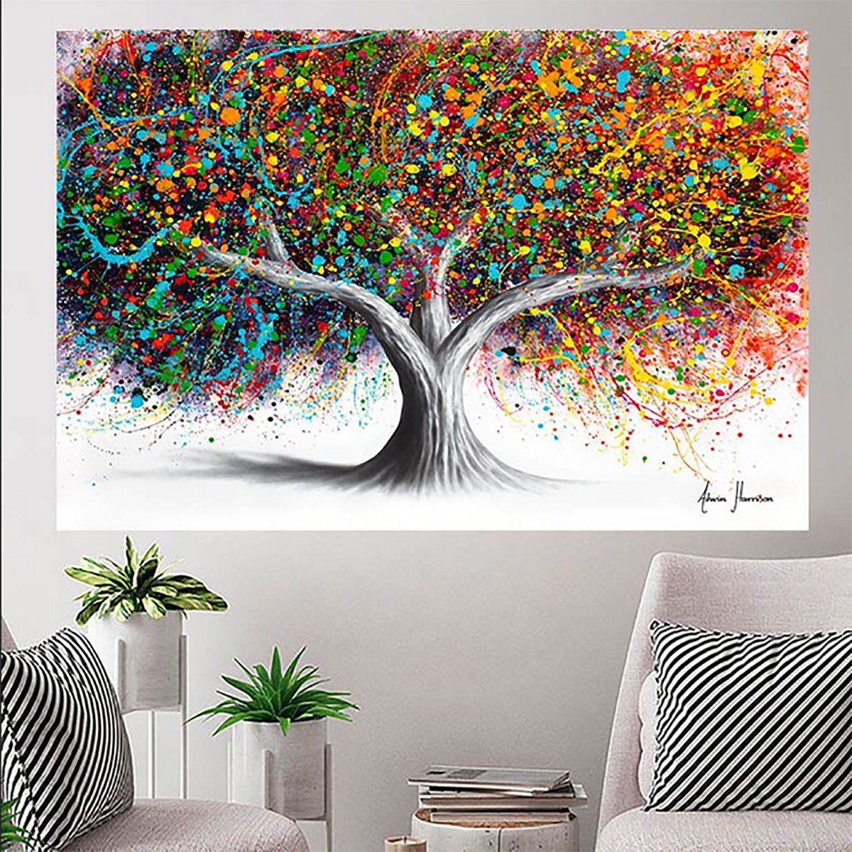 TPFLiving Kunstdruck (OHNE RAHMEN) Poster - Leinwand - Wandbild, Baum - Abstrakte Bäume in vielen bunten Farben (Leinwand Wohnzimmer, Leinwand Bilder, Kunstdruck), Leinwand bunt - Größe 60x90cm
