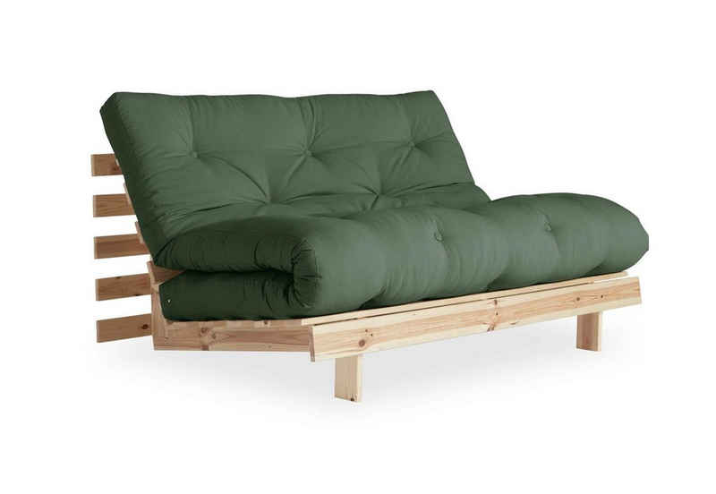 Karup Design 2-Sitzer Schlafsofa ROOTS 140 cm Sofa Gestell Kiefer Massivholz Bezug Oliv