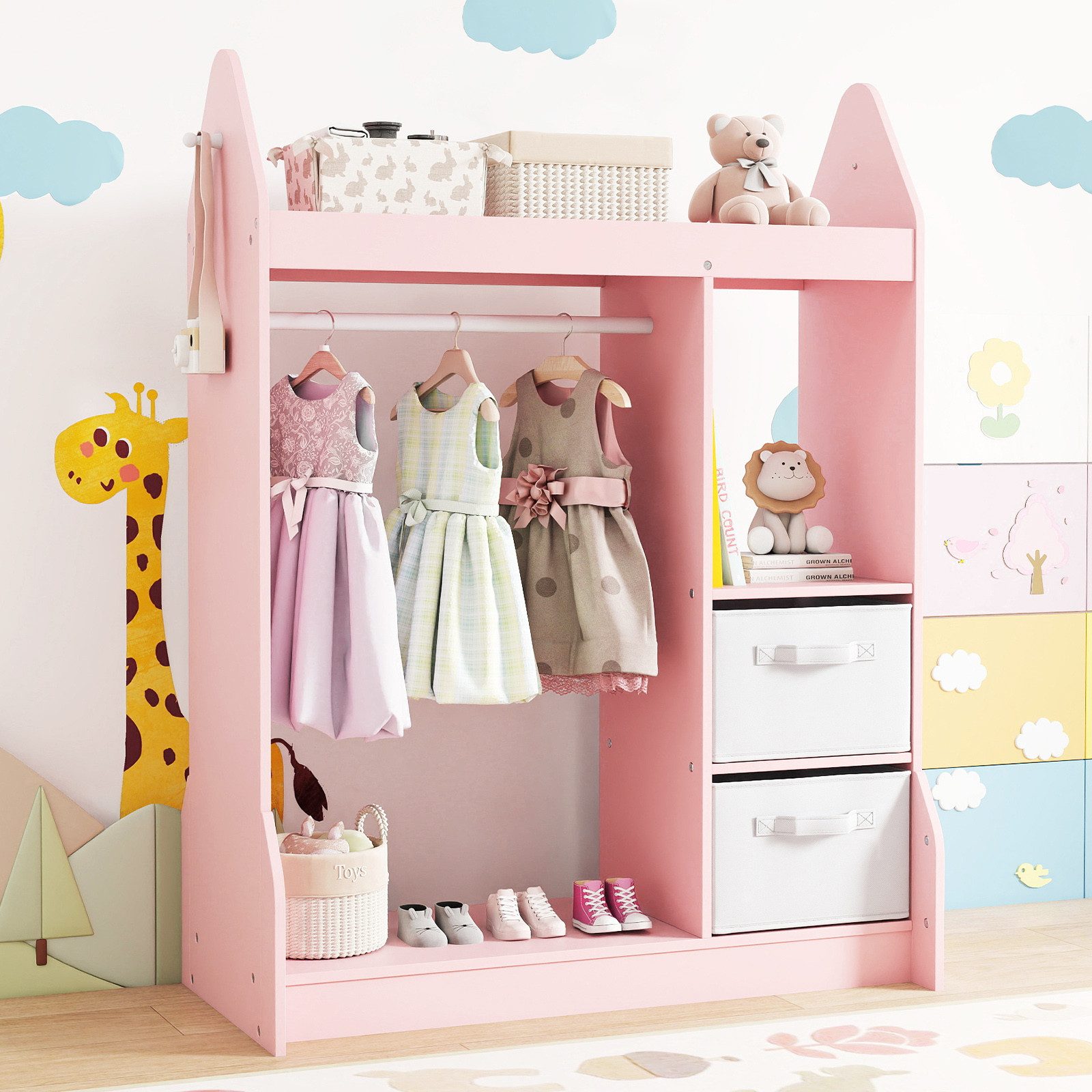 KOMFOTTEU Kleiderständer, Kinderkleiderschrank Kindergarderobe mit Spiegel & Kleiderstange