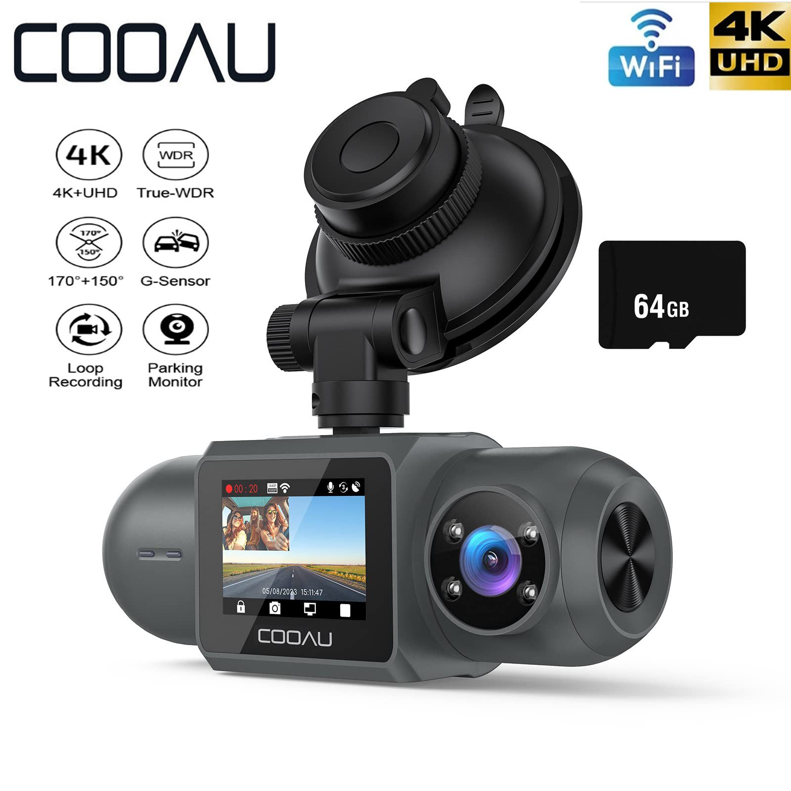 COOAU Dashcam Auto Vorne Hinten 2K/1080P WiFi GPS Dual Dash Cam mit 64GB SD Dashcam (HD, WLAN (Wi-Fi), 4x opt. Zoom, APP-Verbindung, Sprachauf zeichnung, Unfallsperre, mit Loop-Recordning, G-Sensor-Erkennung,und 24-Stunden Parkmonitor)