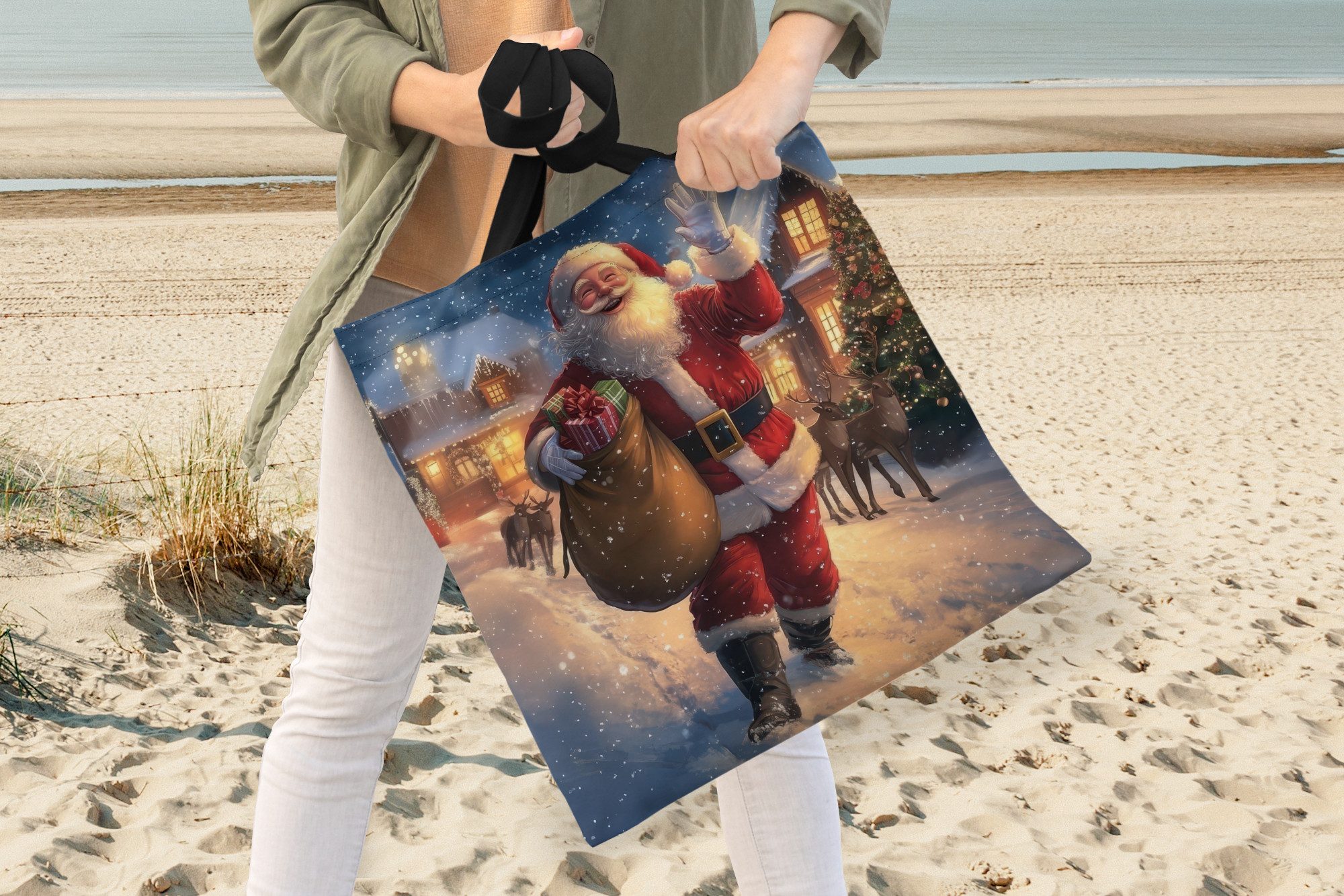 MuchoWow Shopper Weihnachtsmann - Dorf - Hirsche - Dunkelheit, Handtasche, Damen und Herren, Schultertasche, Umhängetasche, Tote Bag – Bild 5 von 5