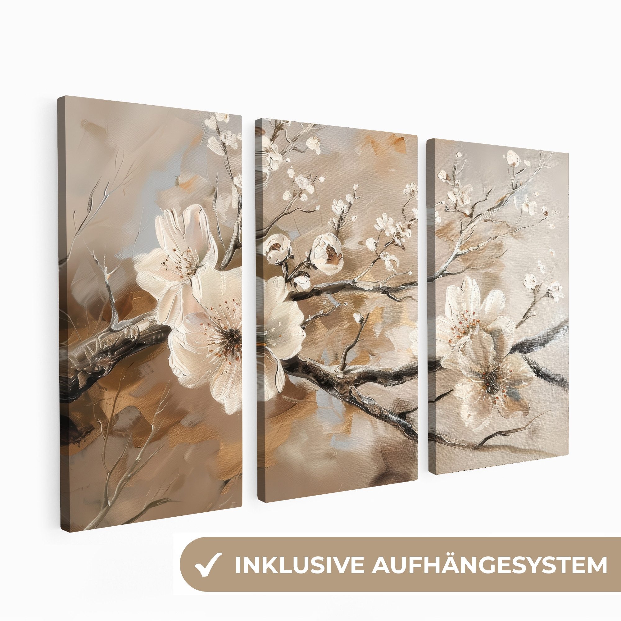 MuchoWow Leinwandbild Blüte - Beige - Abstrakt - Blumen, Fotodruck (3 St), günstig online kaufen