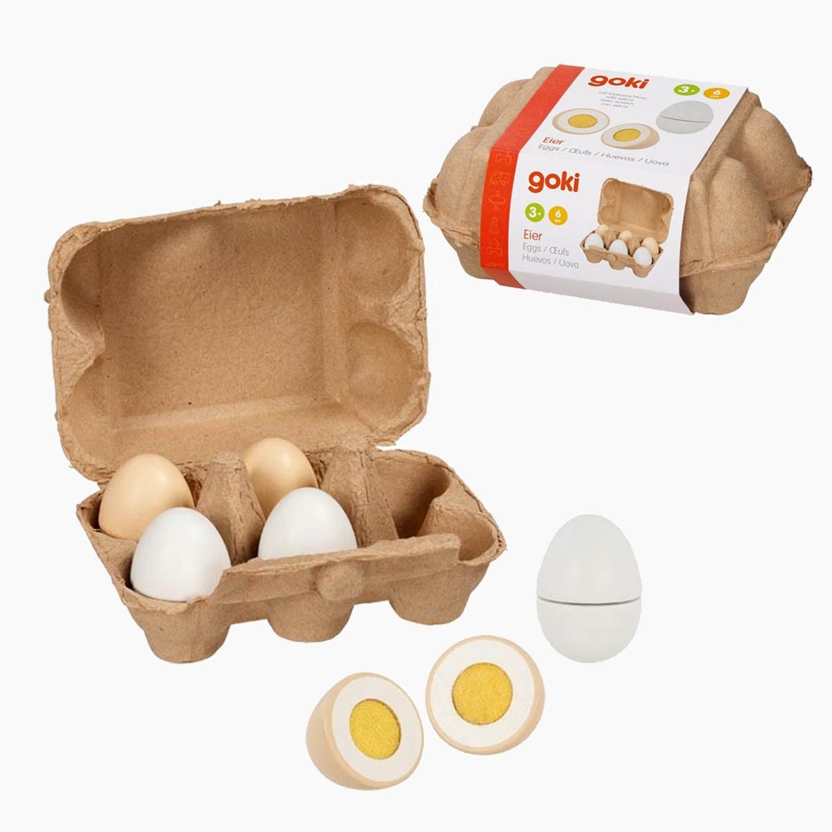 goki Kinder-Küchenset Eier mit Klettverbindung in Eierpappe, (packung, 7-tlg., set), für Kinderküche, Kaufladen und Frühstücksideen