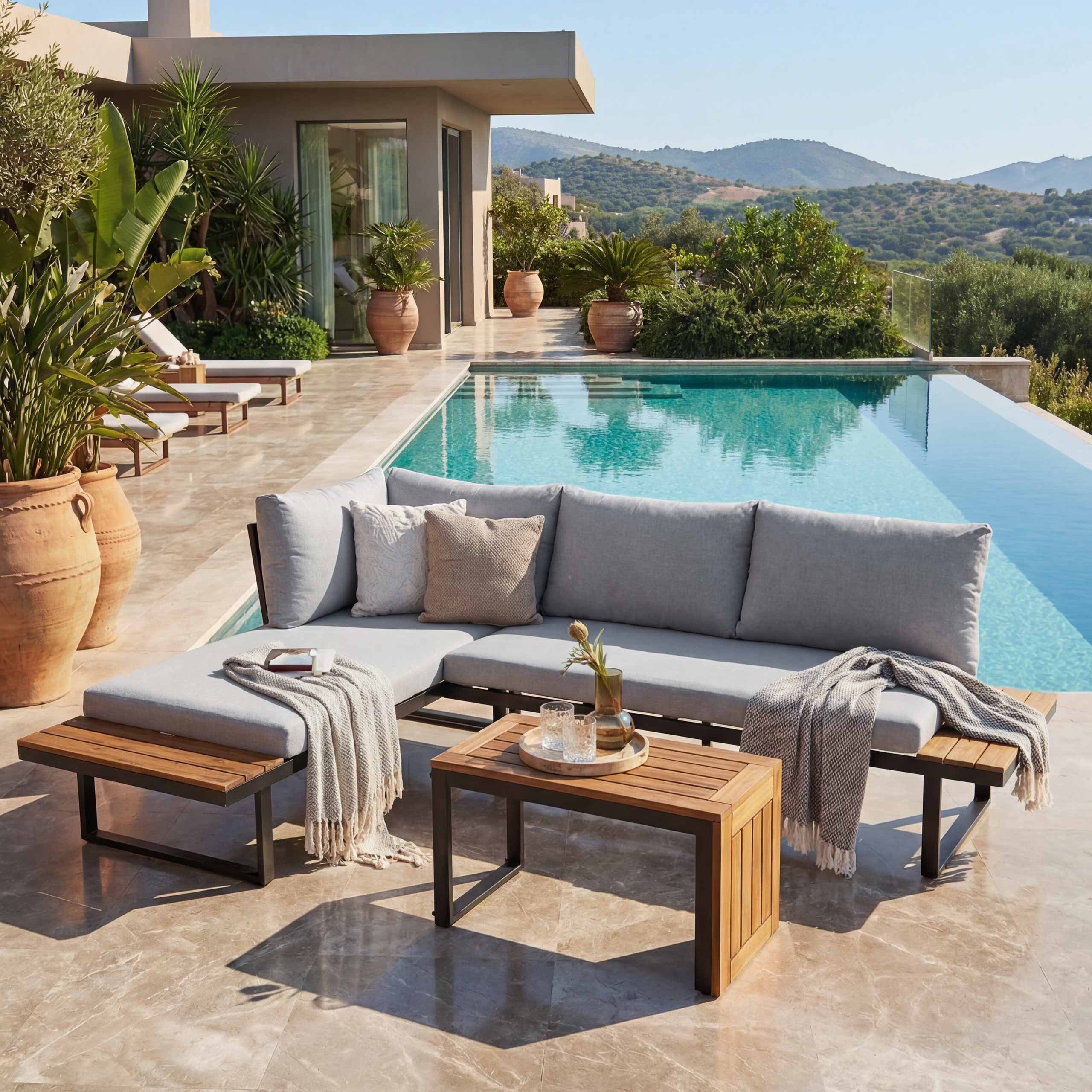 MCW Gartenlounge-Set MCW-L27, (3-tlg), Bezug mit UV-Schutz, mit wasserabweisenden und abnehmbaren Bezügen