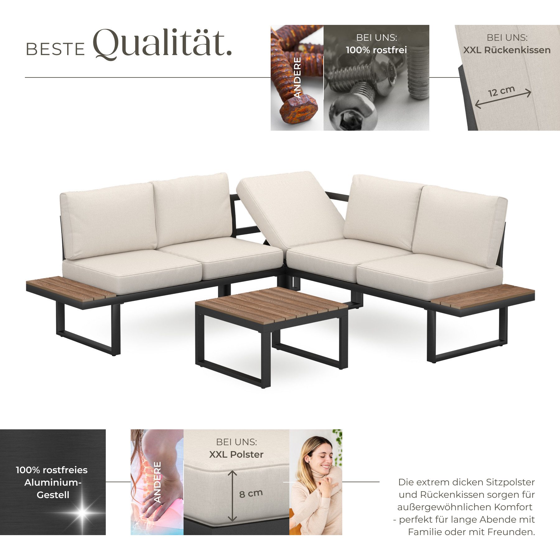 tectake Gartenlounge-Set Aluminium Garten-Lounge-Set, (Set., 1-tlg), Tisch und seitliche Ablageflächen aus robustem Polywood