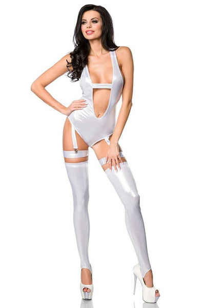 Saresia Body 3-tlg. Body Set im Metallic Look Gogo Wetlook-Outfit beschichtet : Strapsbody, Stulpen, Strapsbänder, Made in EU