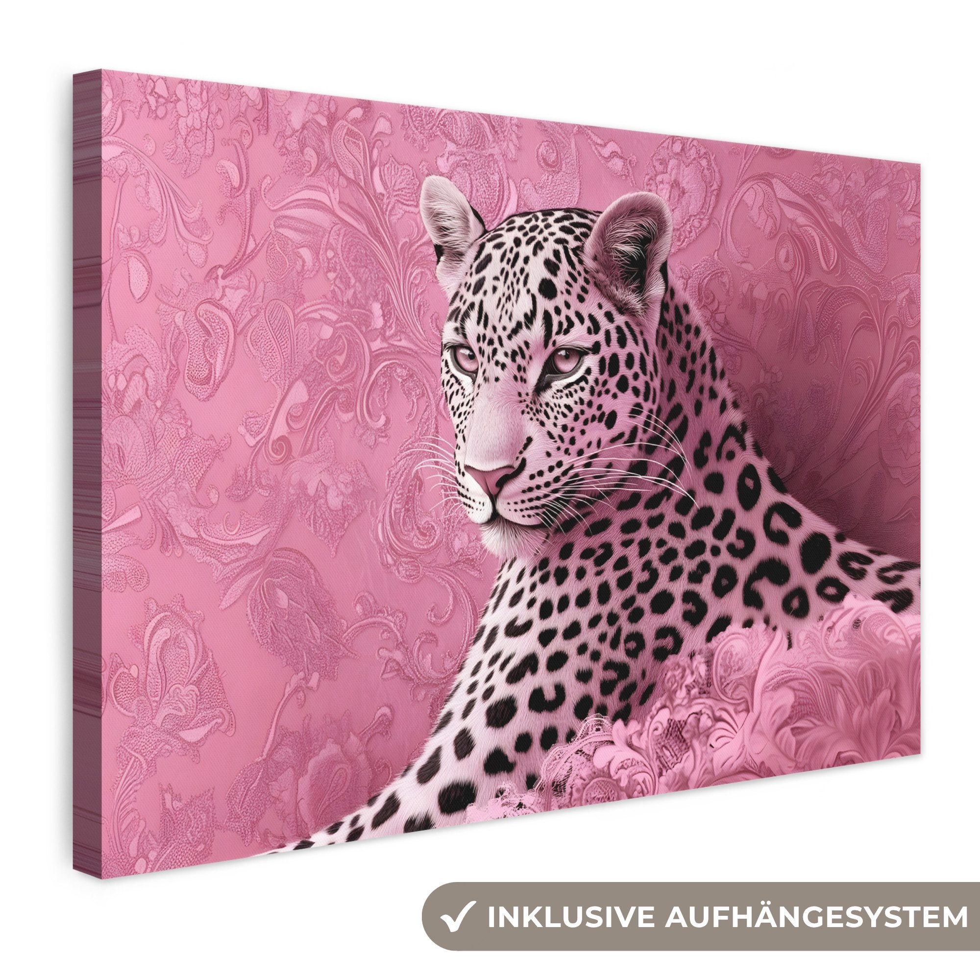 OneMillionCanvasses® Leinwandbild Panther - Deluxe - Rosa, Fotodruck (1 St), Leinwand Bilder Klein, Wand Dekoration Aesthetic 30x20 cm
