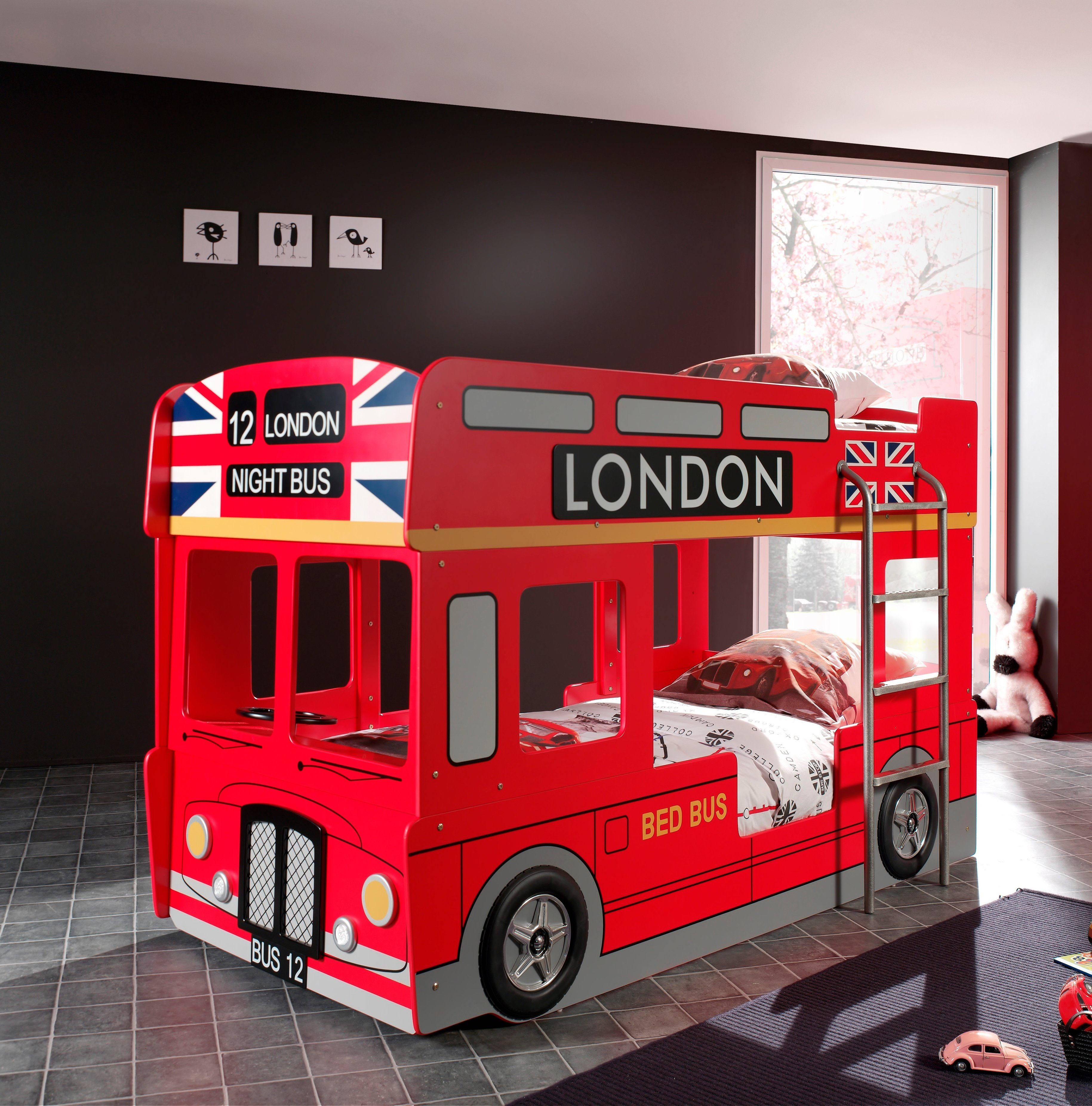 Vipack Etagenbett London, in Londoner Stadtbuss-Optik, das Highlight im Kinderzimmer (B/H/T ca. 215x132x100cm, MDF rot lackiert mit Applikationen), inkl. Bodenplatten für die Matratzenauflagen und seitlicher Leiter