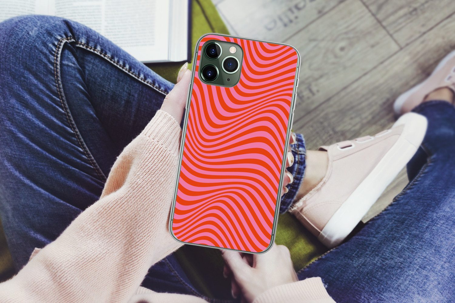 MuchoWow Handyhülle für Apple iPhone 11 Pro Max Wellenförmiges Muster - Rot - Rosa - Linie, Smartphone-Bumper, Print, Handy Schutzhülle Dünn