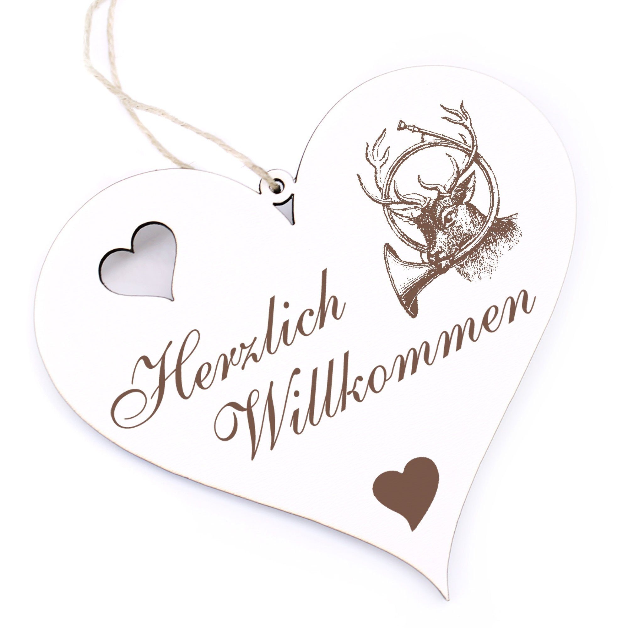 Dekolando Hängedekoration Herzlich Willkommen - Hirsch mit Waldhorn - 13x12cm
