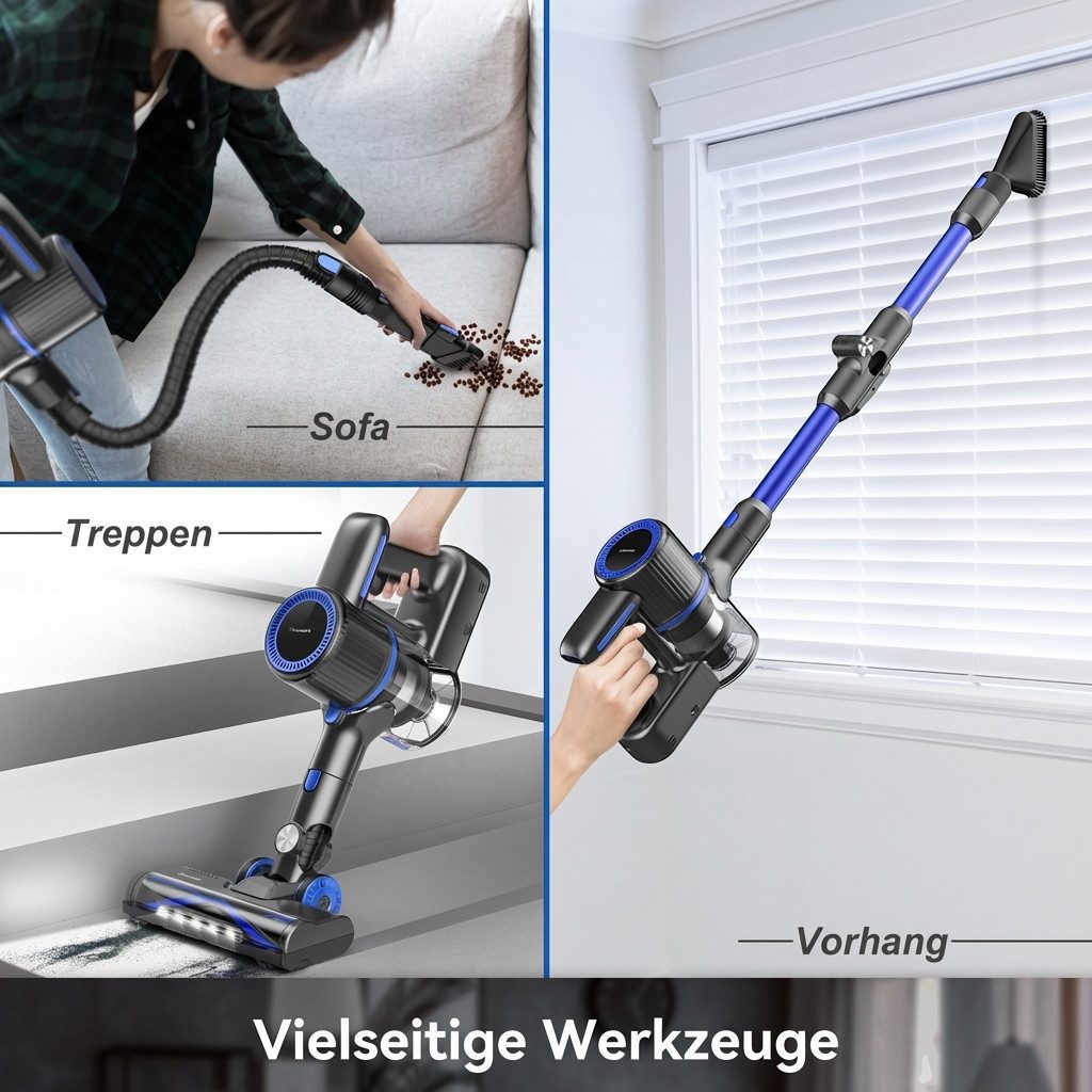 POWEART Akku-Hand-und Stielstaubsauger Akku Staubsauger 80000Pa/60 Min/1,8 L Staubsauger Kabellos, mit Beutel, 50dB leise/6-Stufen-Filter/LED Display, Ideal für Böden/Teppiche/Auto