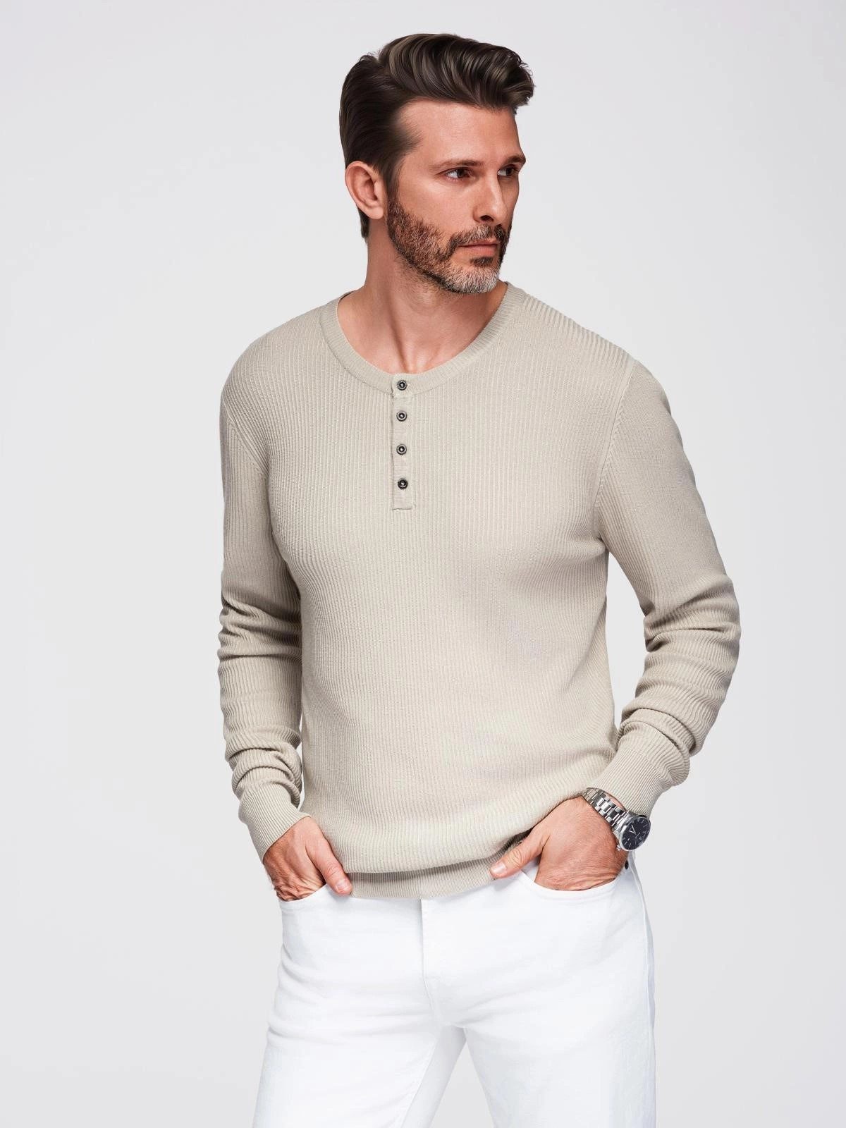 OMBRE Rundhalspullover Gestreifter Herrenpullover mit Knöpfen günstig online kaufen
