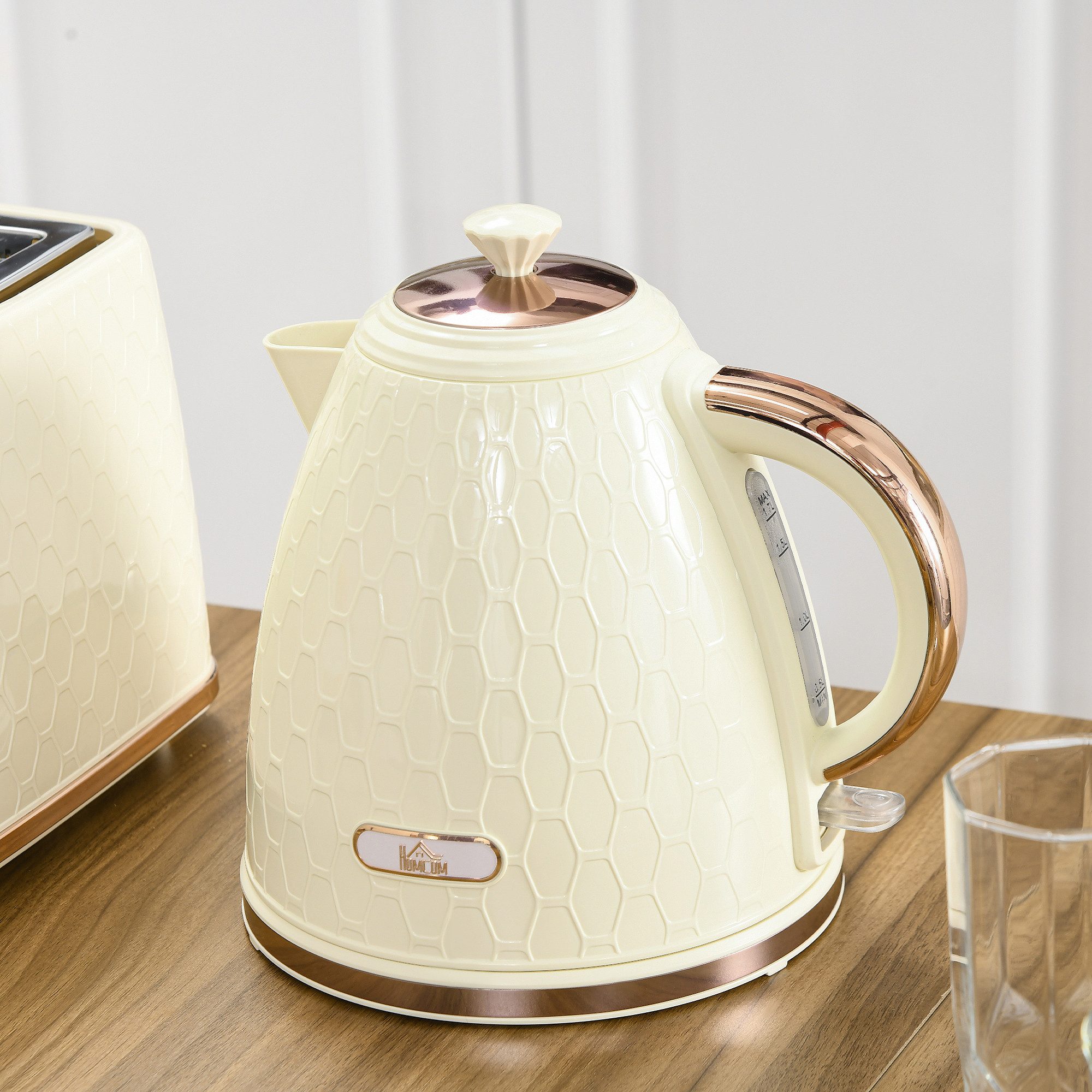 HOMCOM Єлктрочайники Edelstahl mit 360°-Sockel, Kalkfilter, Wasserstandsanzeige, 1.7 l, 2200 W, Trockengehschutz, Beige