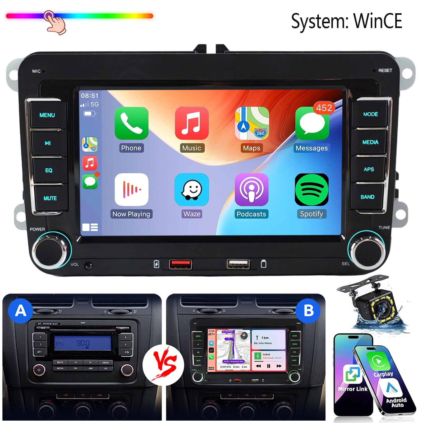 ESSGOO Für VW Golf 5 6 Plus Touran Caddy Jetta Autoradio Carplay Android Auto Autoradio (System : WinCE, Rückfahrkamera(optional), 2 DIN, AM/FM, SWC, CANBUS-Adapter ENTHALTEN (optimiert für Windows CE-System)