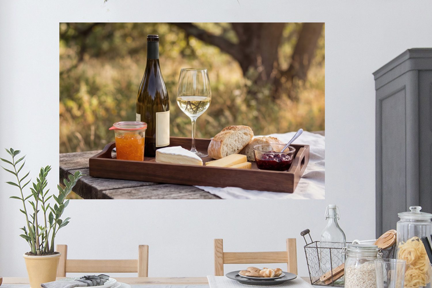 MuchoWow Wandsticker Picknick - Wein - Käsetafel (1 St), Wanddeko, Aufkleber, Wandtattoo, 120x80 cm