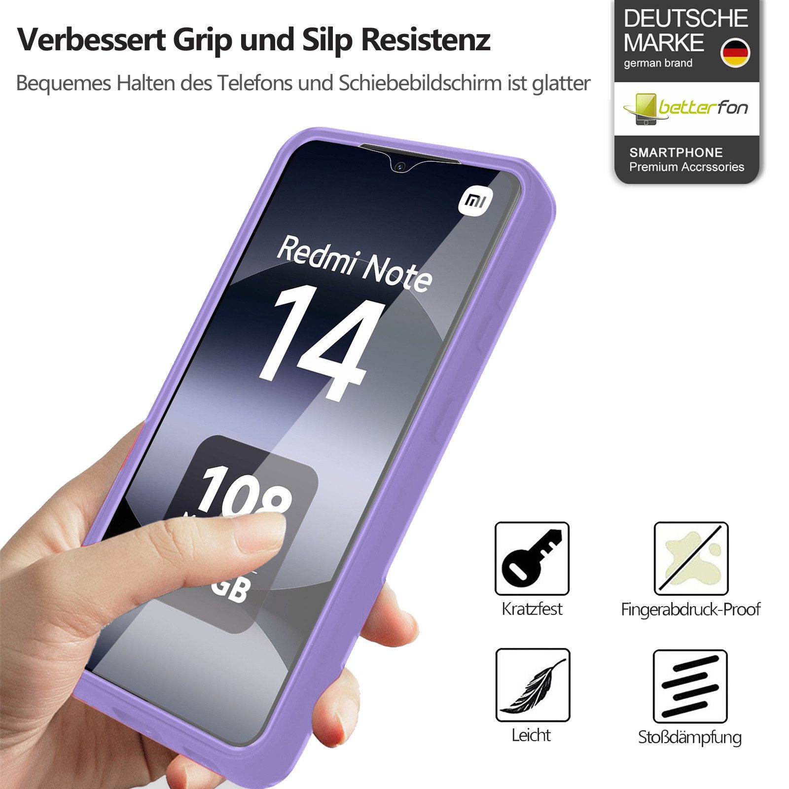 betterfon Handyhülle für Xiaomi Redmi Note 14 4G TPU Schutzcase, 2-teiliges 360 Grad Case mit Rundumschutz und Displayschutz – Bild 3 von 5