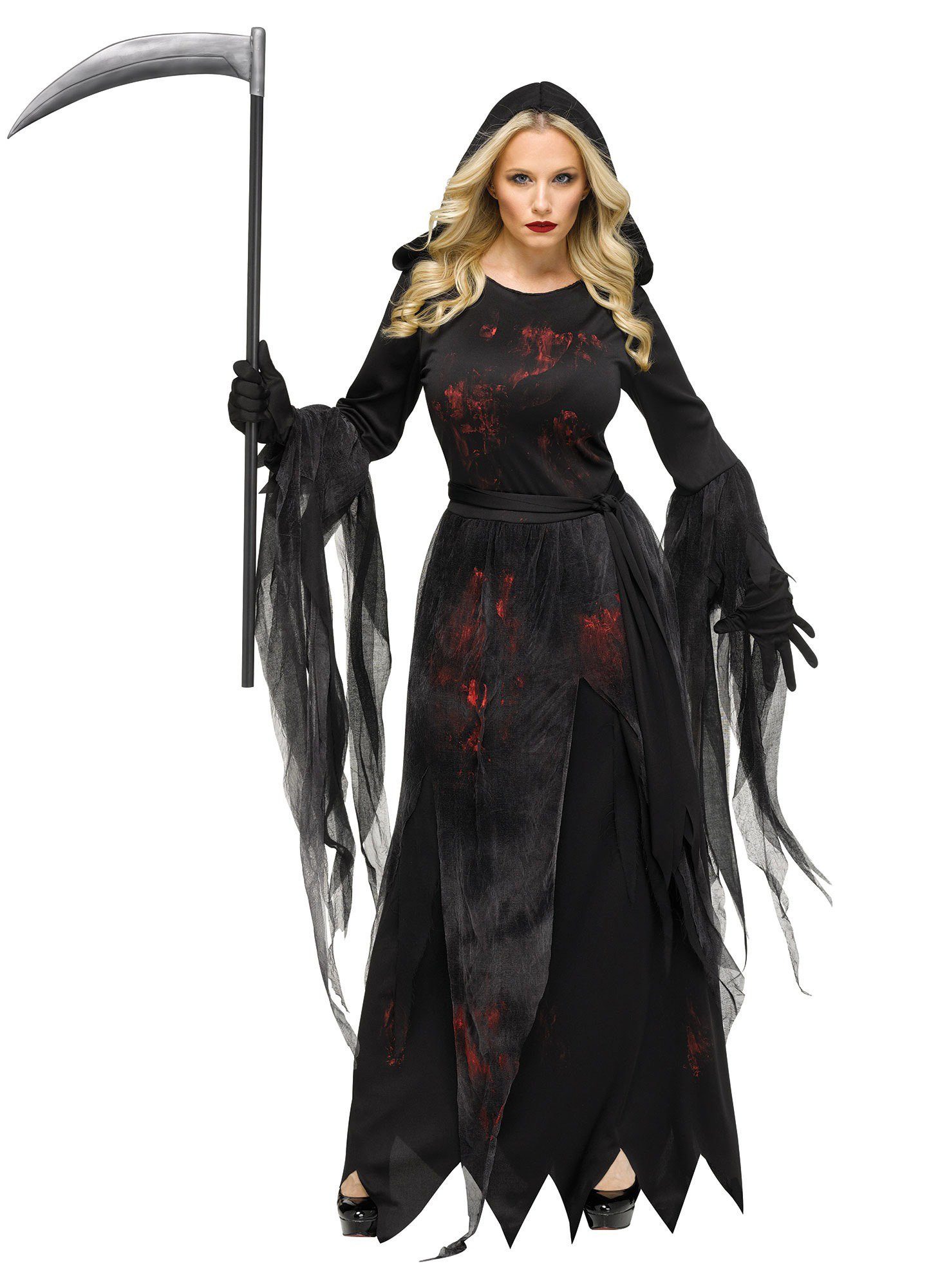 Fun World Kostüm Sensenfrau - Karneval Faschingskostüm Damen, Blutig-schwarzes Schnitterkostüm für die Todesdämonin