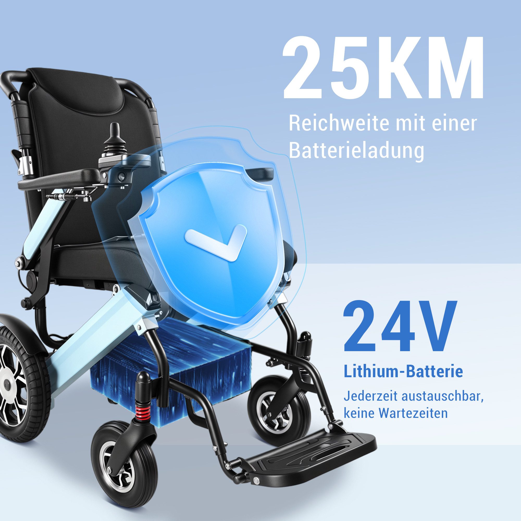 Vankel Elektrorollstuhl Elektrisch Faltbar Leicht bis 150KG, Faltbar, 25 km, seniorenmobil, 2x250W, 6,00 km/h E-Rollstuhl