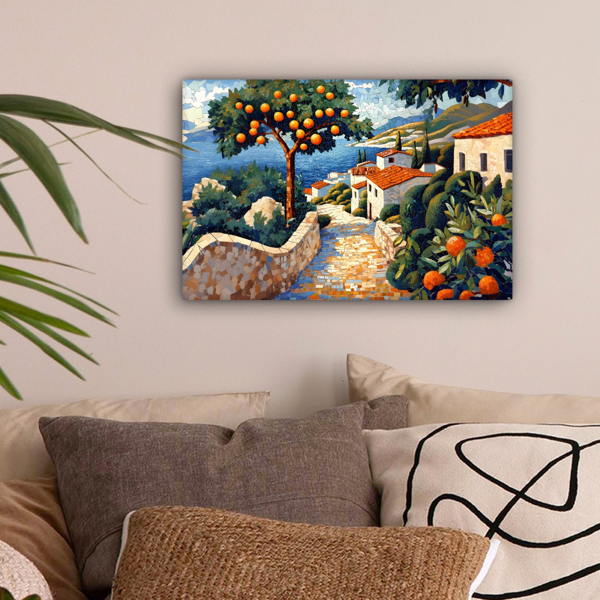 OneMillionCanvasses® Leinwandbild Häuser - Mosaik - Orangenbäume - Meer, Fotodruck (1 St), Leinwand Bilder Klein, Wand Dekoration Aesthetic 30x20 cm