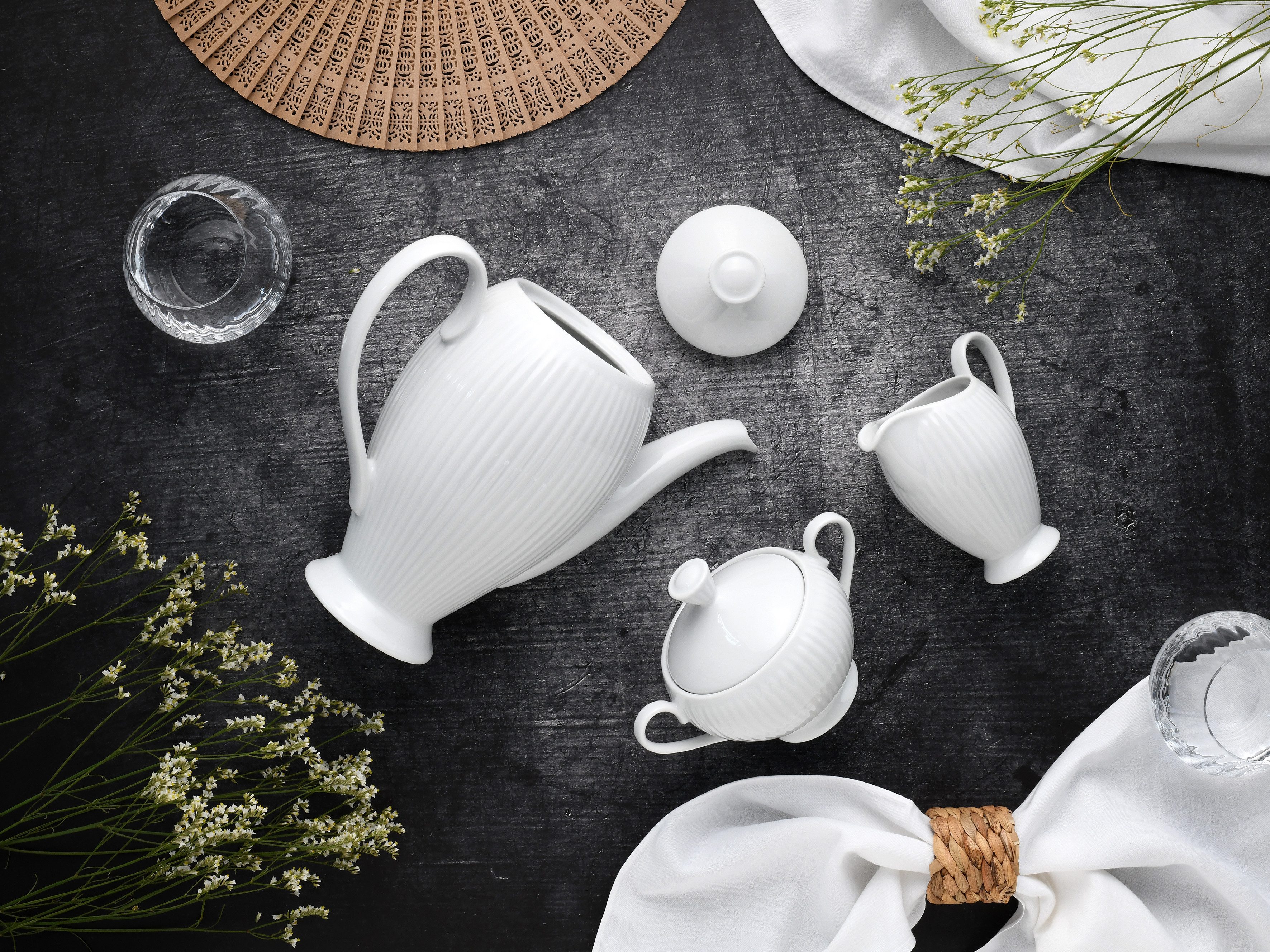 CreaTable Kaffeeservice Valencia Weiß, Kaffeegarnitur 3-tlg (3-tlg), 1 Personen, Porzellan, Elegant, Boho Chic