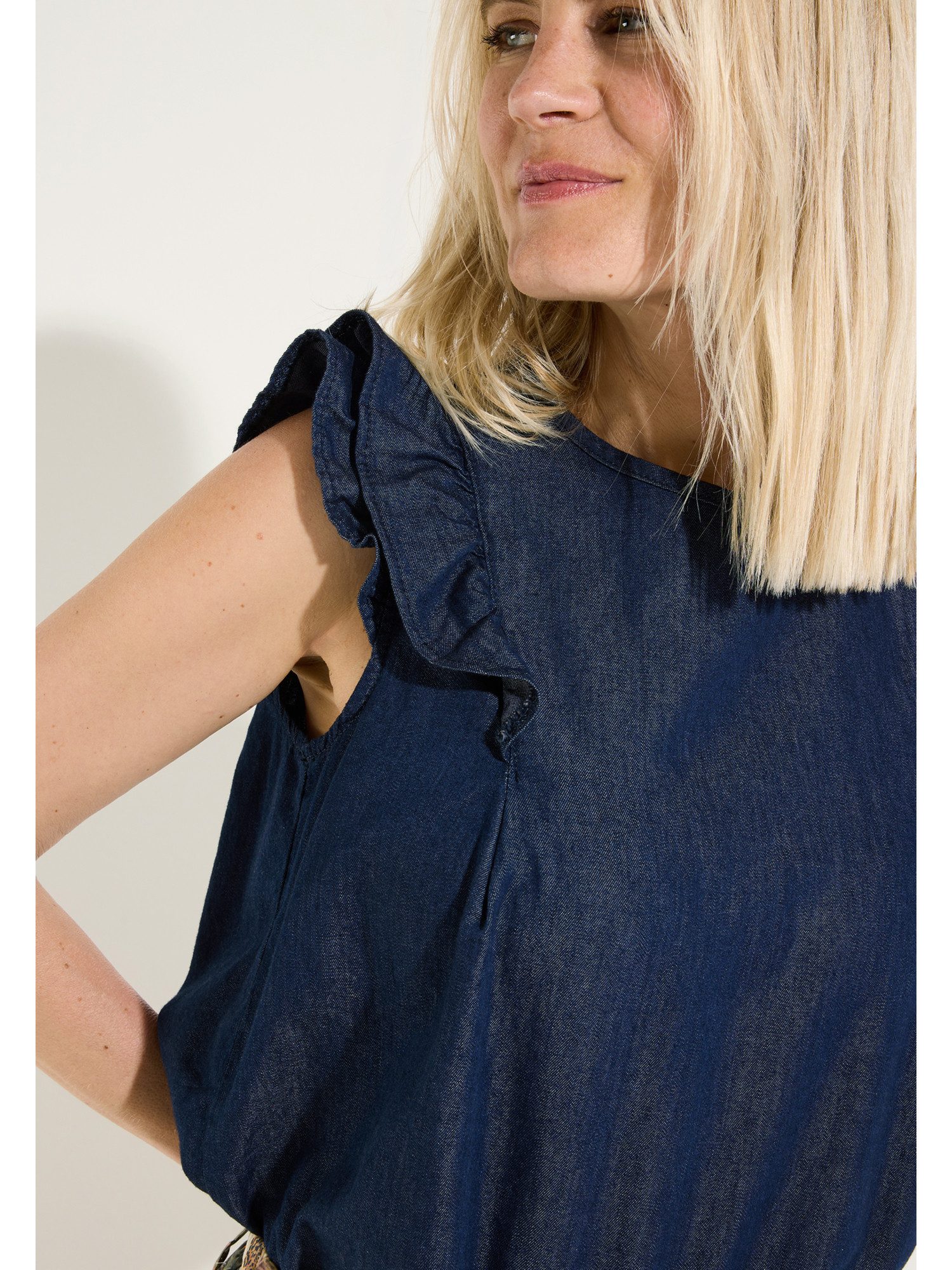 MORE&MORE Kurzarmbluse leichte Denimbluse, Rüschenärmel