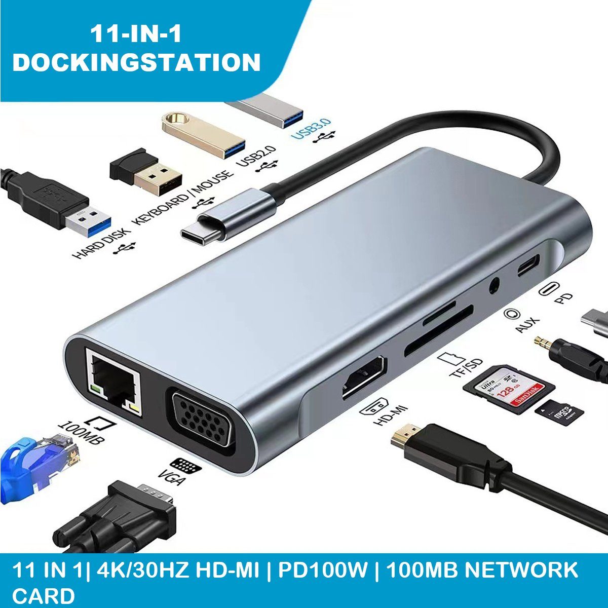 7Magic Laptop-Dockingstation USB C Docking Station Dual Monitor, 11 in 1  USB C Hub Adapter, 100 W Stromversorgung, 4K 30Hz HDMI, 1080P 60Hz VGA,  5Gbps USB 3.0