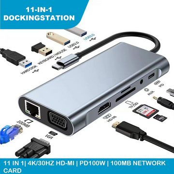 VSIUO 11-in-1 USB-C Docking Hub, PowerExpand Adapter, USB-Adapter USB-Adapter USB-C zu 1 x USB 3.0, USB-C PD 100W, 3,5mm Audio, RJ45 Ethernet, 3 x USB 2.0, 1 x HDMI, SD Card Reader, TF Card Reader, VGA, 100 W Stromversorgung, 4K 30Hz HDMI, 1080P 60Hz VGA, 5Gbps USB 3.0