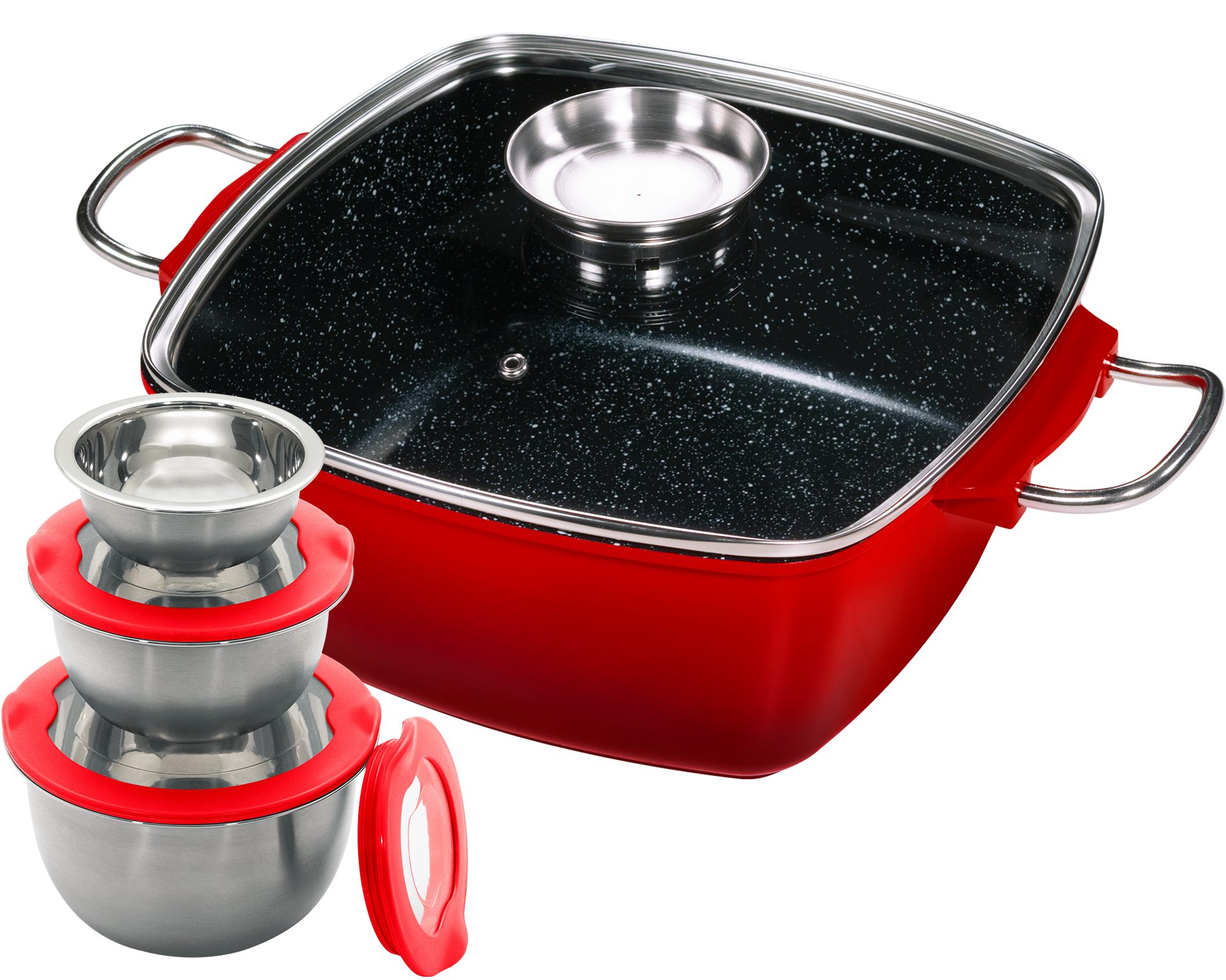 KING Bräter 7 L, Aluguss, Aluminiumguss (Set, 8-tlg., 3 Schüsseln mit Kunststoffdeckeln: Ø 17,5 - Ø 14,5 - Ø 12 cm), mit Glasdeckel und Aromaknopf, Induktion, Keramikbeschichtung