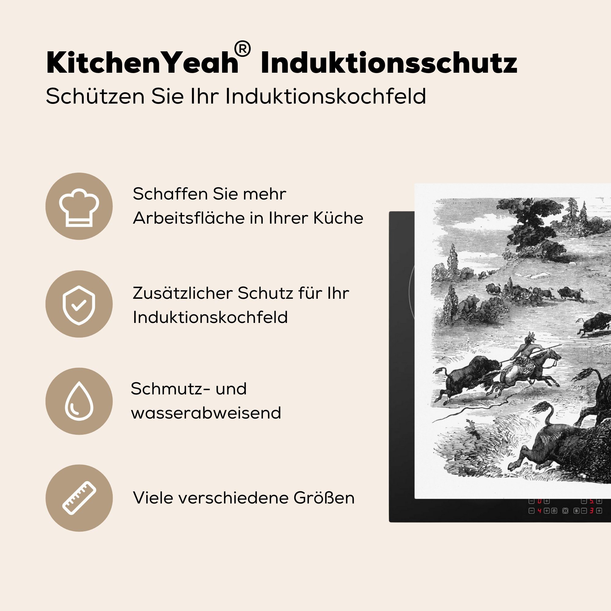 Herdblende-/Abdeckplatte (1 küche, MuchoWow Induktionskochfeld Illustration der die Ceranfeldabdeckung Eine Vinyl, für Bisonjagd, Schutz 81x52 cm, tlg),