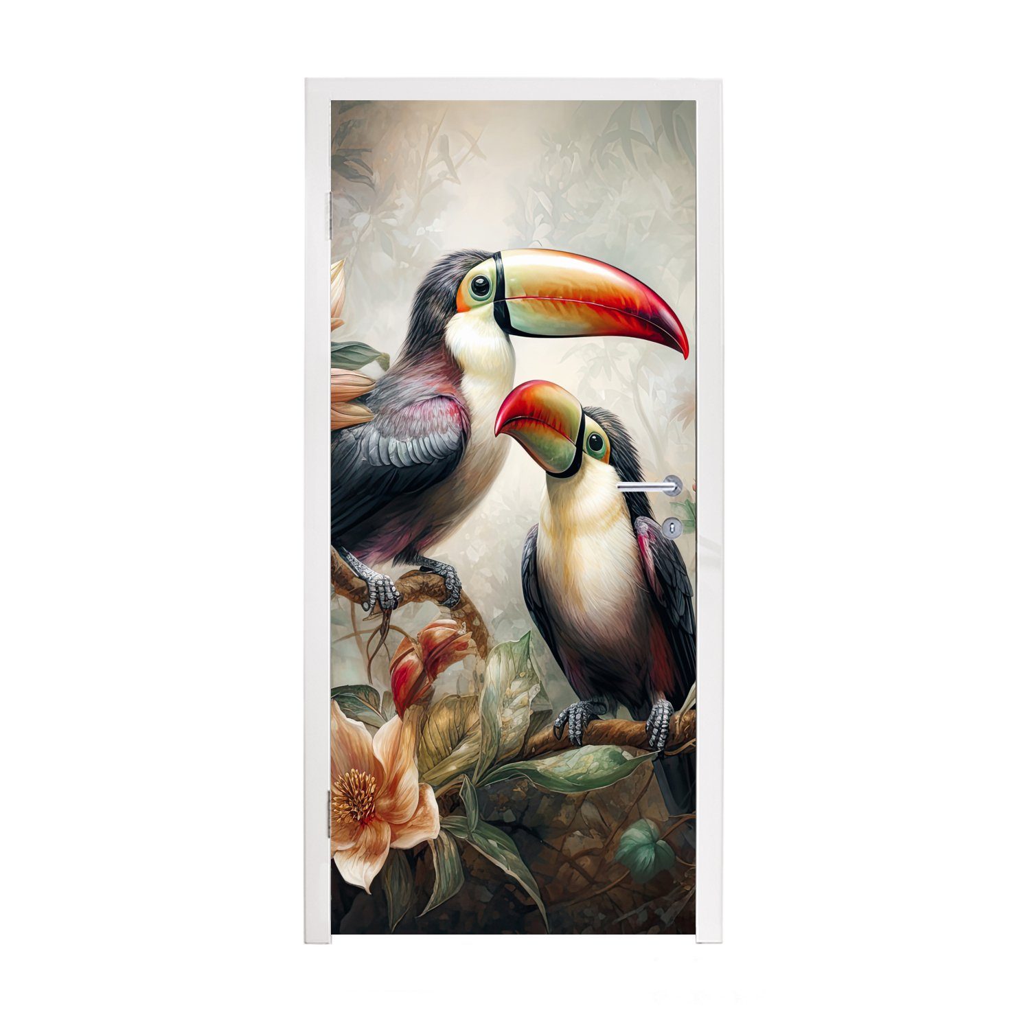 MuchoWow Türtapete Tukan - Vögel - Blumen - Dschungel, Matt, bedruckt, (1 St), Fototapete für Tür, Türaufkleber, 75x205 cm