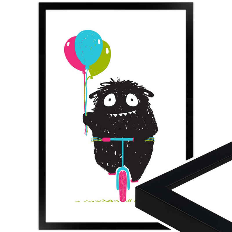 WANDStyle Bild mit Rahmen Monsterchen beim Rad fahren, süßes Poster fürs Kinderzimmer