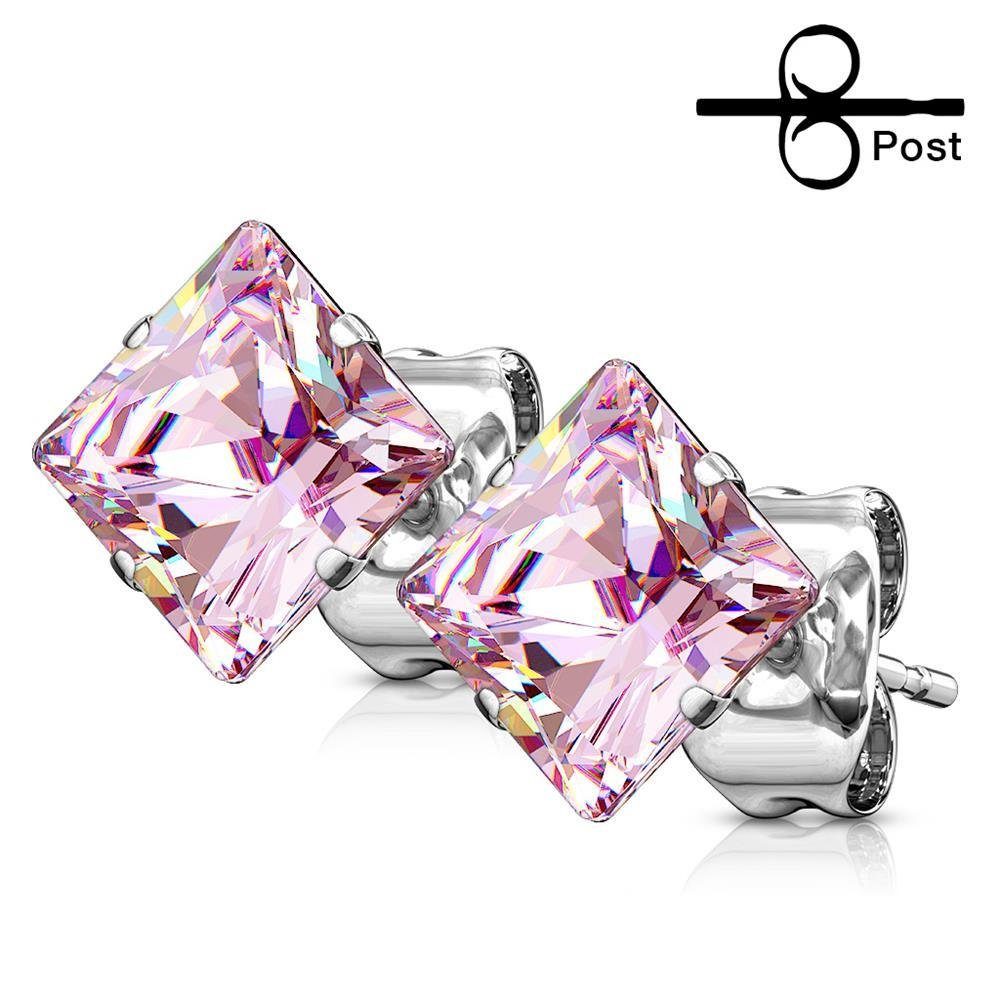 BUNGSA Ohrring-Set Ohrstecker pinker Kristall quadratisch Silber aus Edelstahl Unisex (1 Paar (2 Stück), 2-tlg), Ohrschmuck Ohrringe