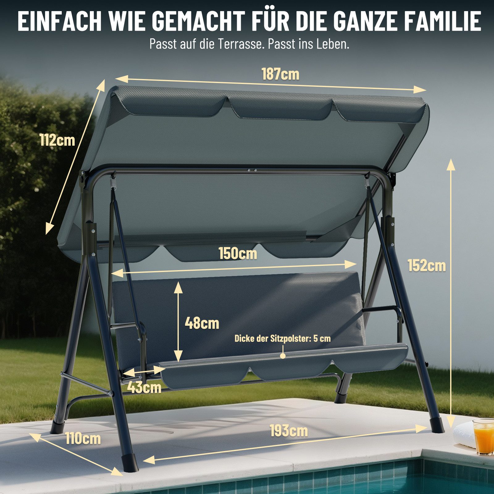 Huracan Hollywoodschaukel 3-Sitzer, Gartenschaukel mit Verstellbarem Sonnendach, 3-Sitzer, 193*110*152cm-Klassiker, UV-Schutz Wetterfest, Schaukelbank 220kg Belastbar
