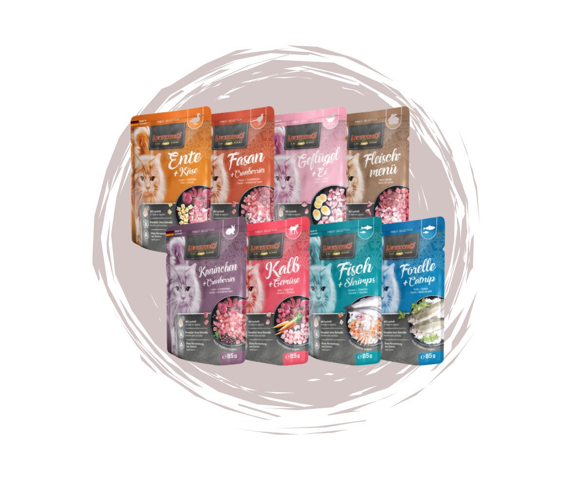 Leonardo Catfood Leonardo Frischebeutel Bundle - 8x85g verschiedene Sorten im Mixpaket Mix 1 (Ente, Fasan, Geflügel, Fleischmenü, Kaninchen, Kalb, Fisch & Forelle), Nassfutter für: Katzen