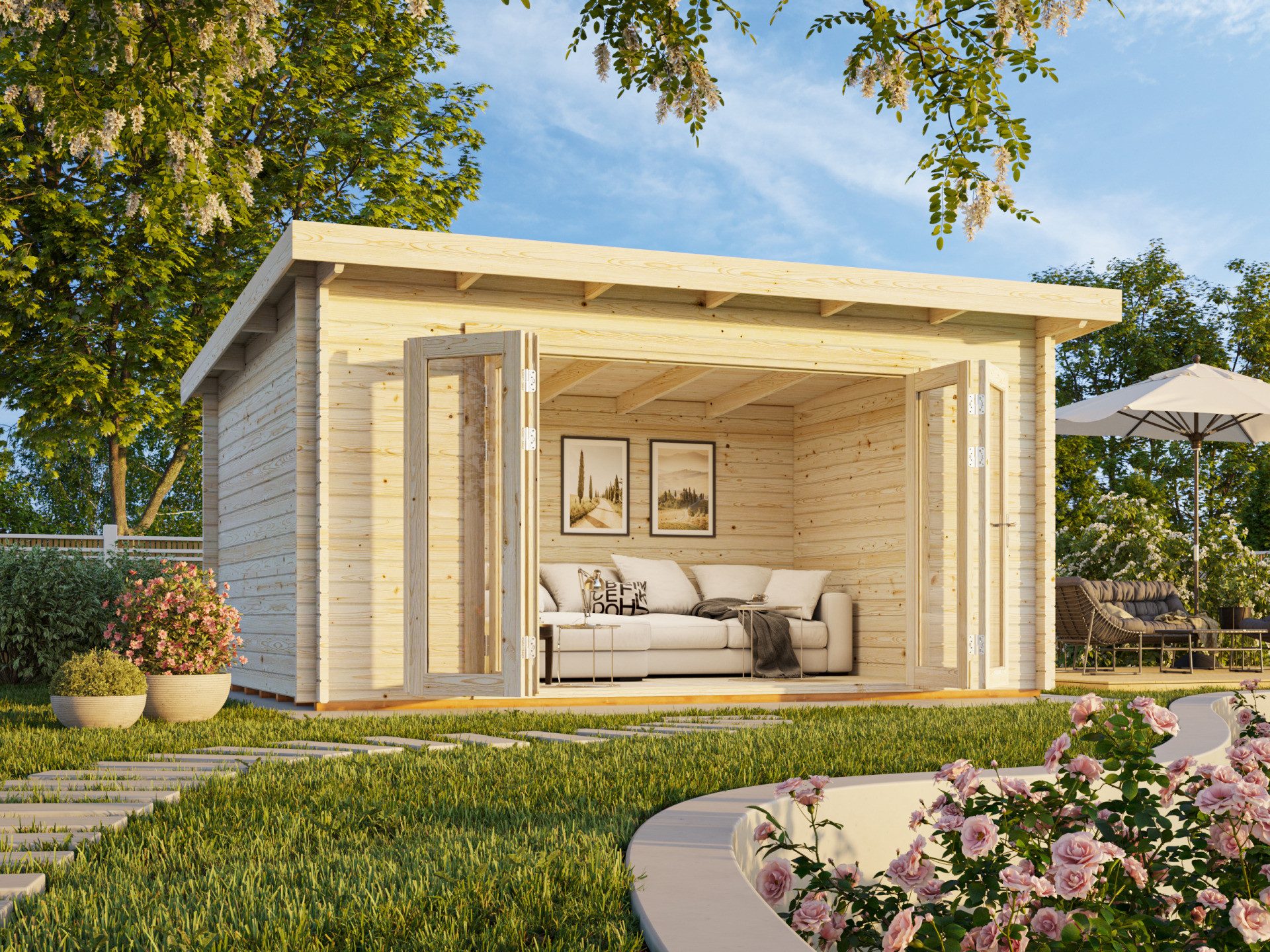 Palmako Gartenhaus Flachdach 5x3m Holz Lea 14,2 in 44mm Wandstärke, BxT: 470x350 cm, mit Premium Dachbahn selbstklebend