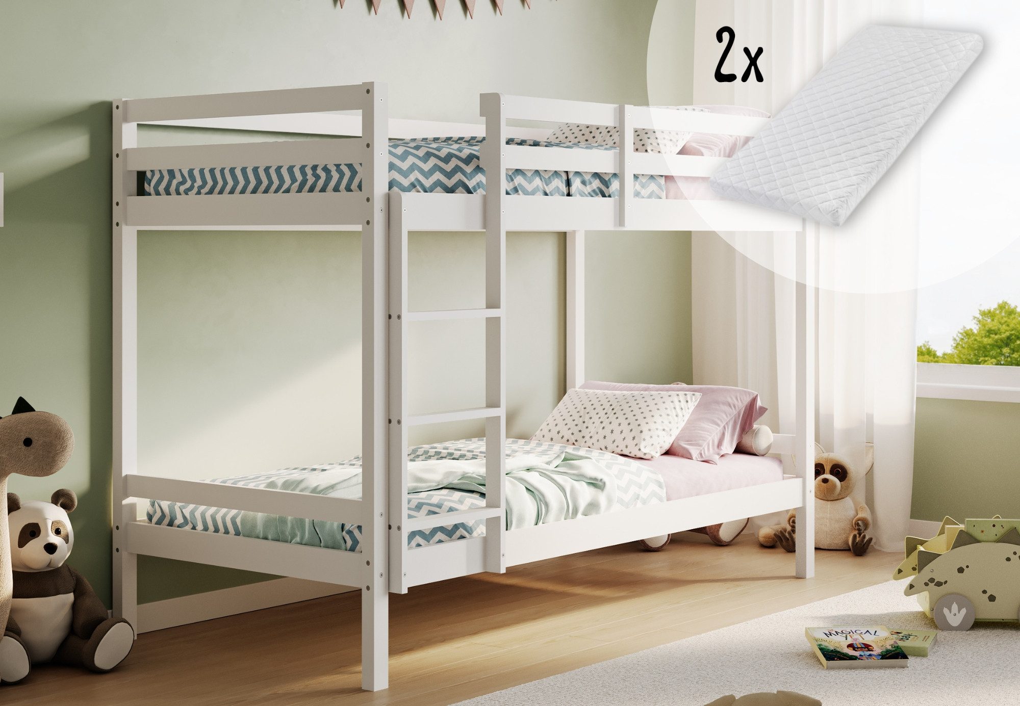 Kids Collective Hochbett 90x200 Etagenbett, EN 747-Zertifizierung und platzsparendem Design (mit sicherem Aufstieg) Stockbett 206x96x146 cm, mit Matratze, Weiß
