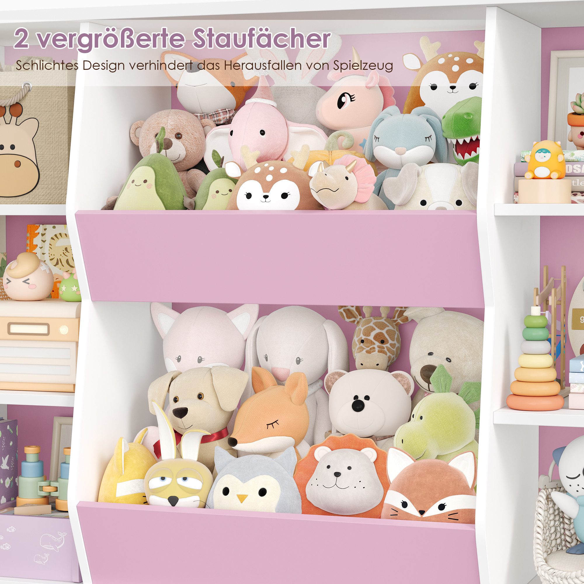 Homfa Kinderregal mit 4 Spielzeugkisten auf Rollen, Spielzeugregal mit 8 offenen Fächern Spielzeugtruhe 124.5x118x35cm – Bild 5 von 5