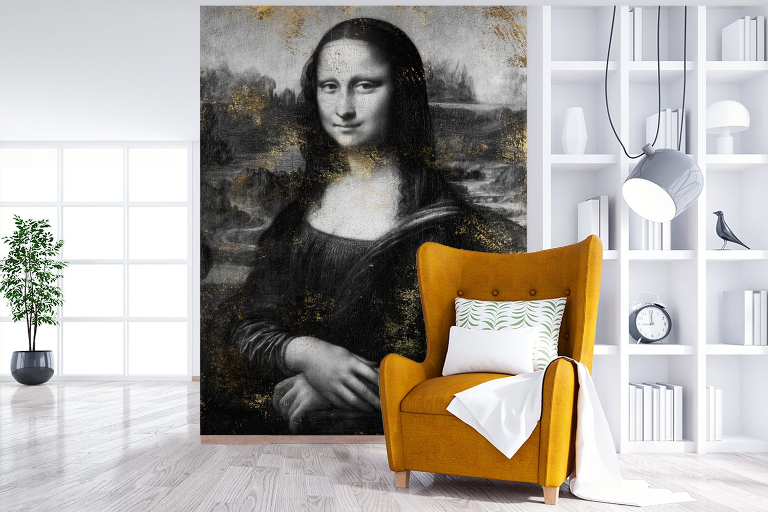 Tapete Leonardo Vinci (4 bedruckt, Fototapete Wandtapete für Gold, St), - Mona Montagefertig Wohnzimmer, MuchoWow - Vinyl Lisa da Matt,